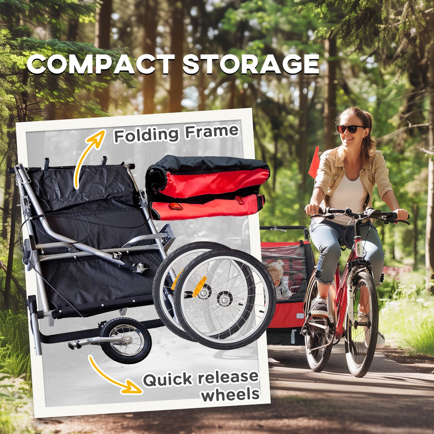 Aosom 2-in-1 Bike Trailer for Kids, Foldable 2-Seat Baby Stroller with 5-Point Harness, Rubber Wheels, Storage Bag, Black