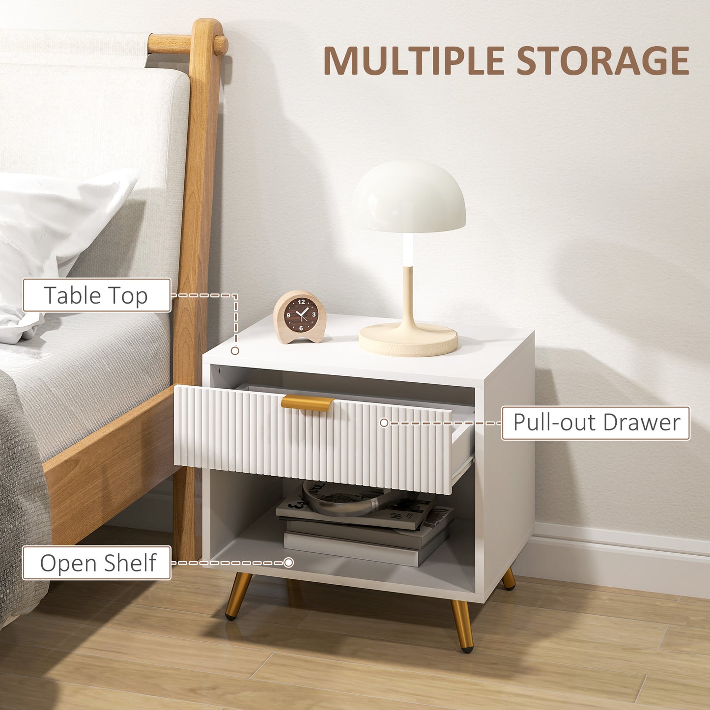 HOMCOM Nightstand with Fluted Panel, Bedside Table with Drawer and Open Compartment, Modern Night Table for Bedroom, Black