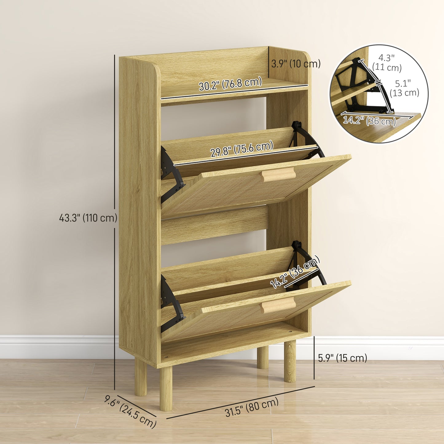 HOMCOM Entryway Shoe Cabinet with 5-Tier Shelving and Adjustable Shelves, 15 Pair Shoe Storage Organizer for Hallway, Oak