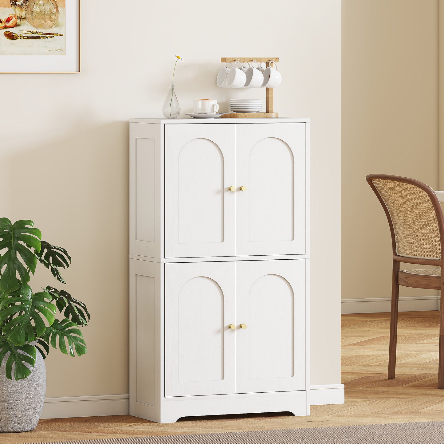 HOMCOM 43" Kitchen Pantry Cabinet, Freestanding Modern Storage Cabinet with 4 Arched Doors and 2 Adjustable Shelves, White