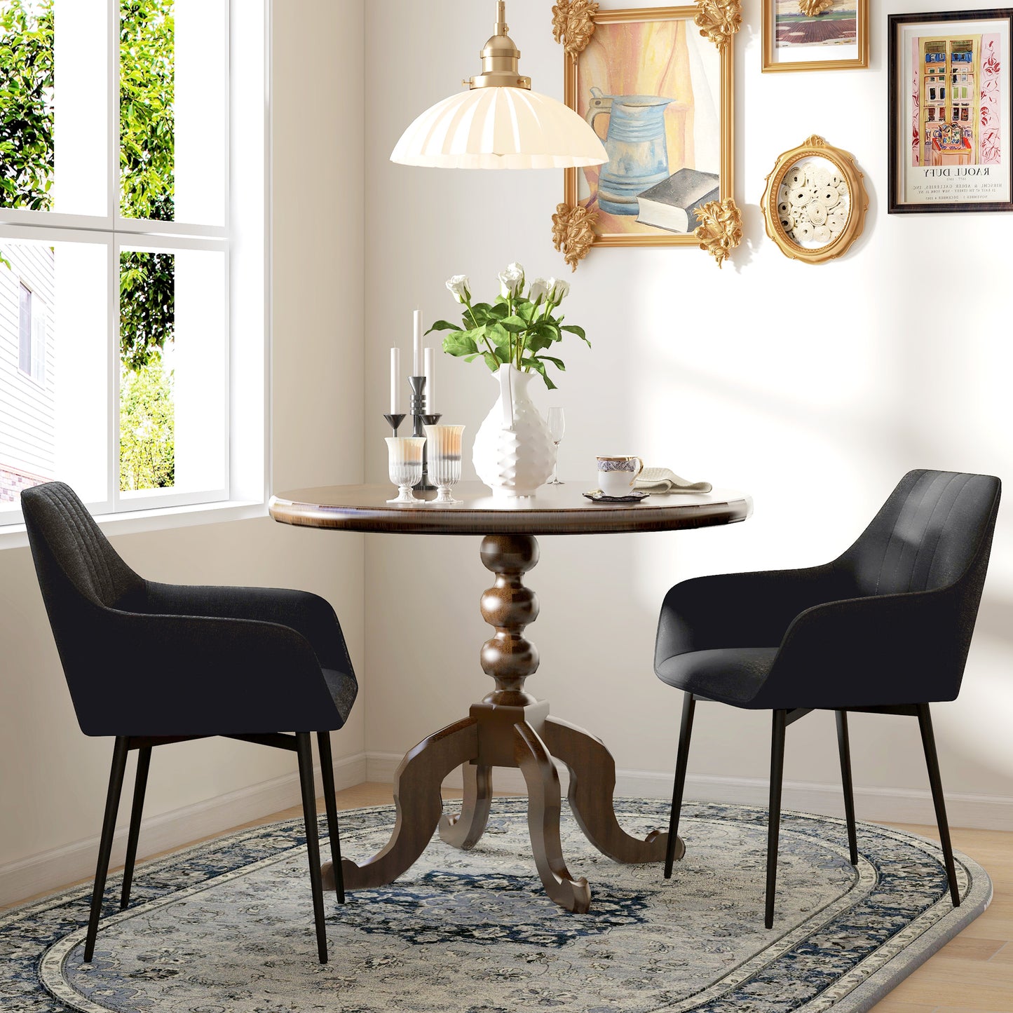 HOMCOM Dining Chairs Set of 2, Linen Upholstery Accent Chair with Back, Armrest, Metal Legs, Dark Grey