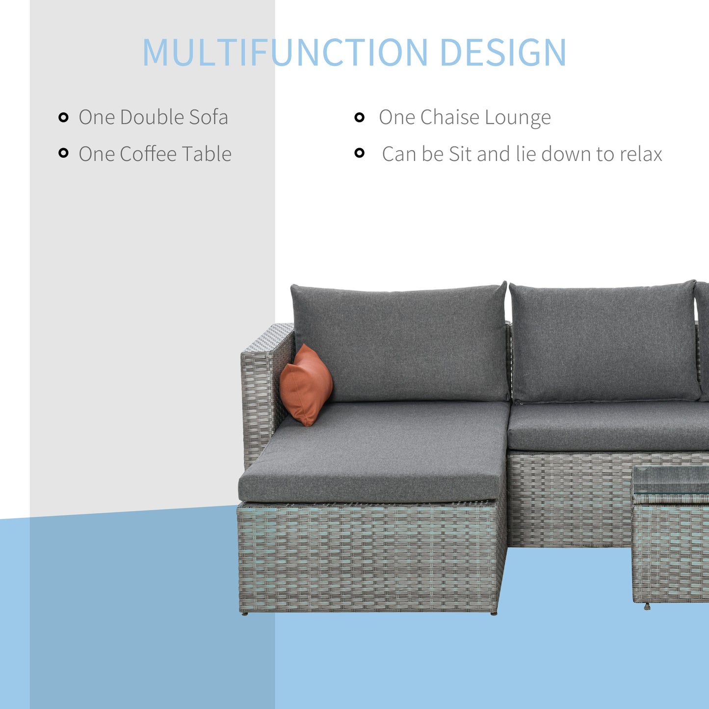 Outsunny 3-Piece Patio Furniture Set Modern Sectional Sofa Rattan Chair Wicker Conversation Set Outdoor Hand Woven Rattan Wicker Furniture Patio Coffee Table Sofa Set, Blue