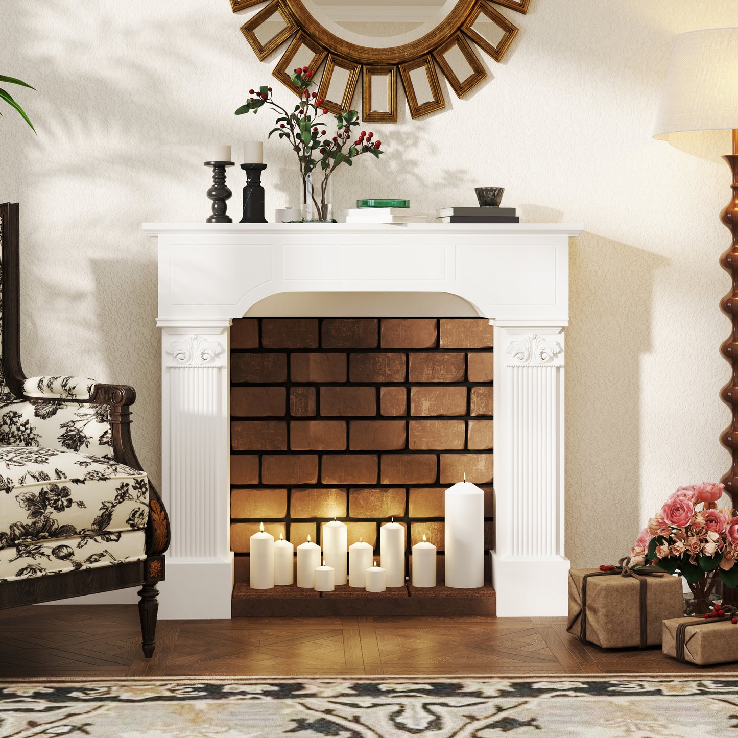 HOMCOM Baroque Fireplace Mantle, Freestanding Fireplace Surround for Electric Fireplaces, 43.25 Inch x 42.75 Inch, White