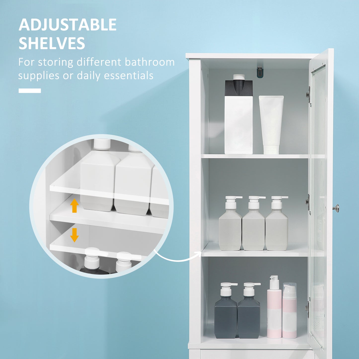 kleankin Tall Bathroom Cabinet with Tempered Glass Door, Storage Organizer, Freestanding Linen Tower with 2 Adjustable Shelves and 2 Drawers, White