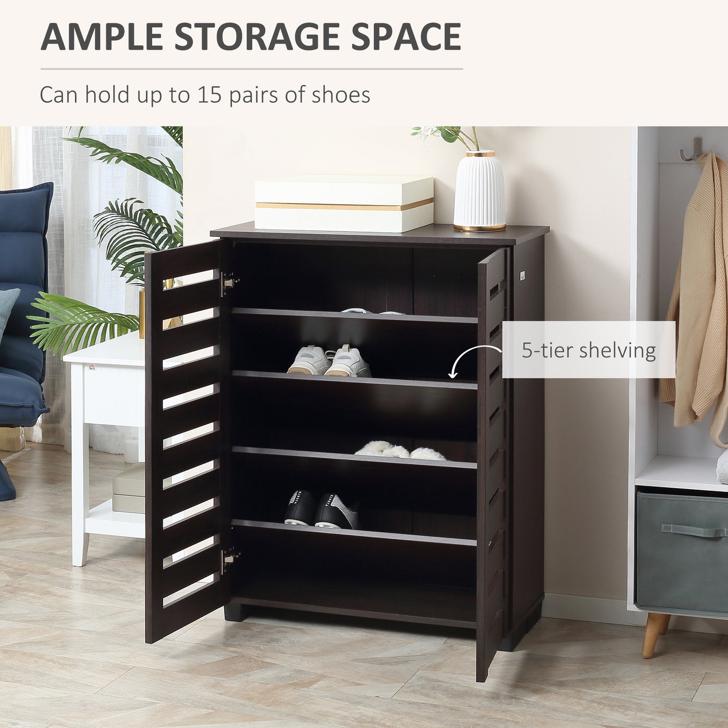 HOMCOM Narrow Shoe Cabinet with 2 Slatted Doors, Modern Shoe Storage Cabinet with Adjustable Shelves for Entryway, Hallway, Living Room, Holds 15 Pairs, Dark Brown