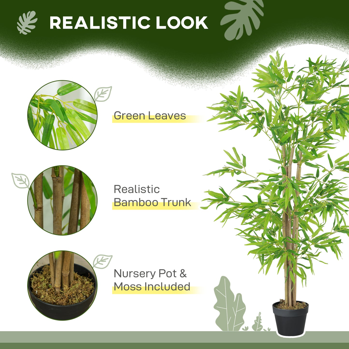 Outsunny Artificial Bamboo Tree, 4ft Fake Tree with Realistic Leaf and Natural Trunk, Decorative Plant in Nursery