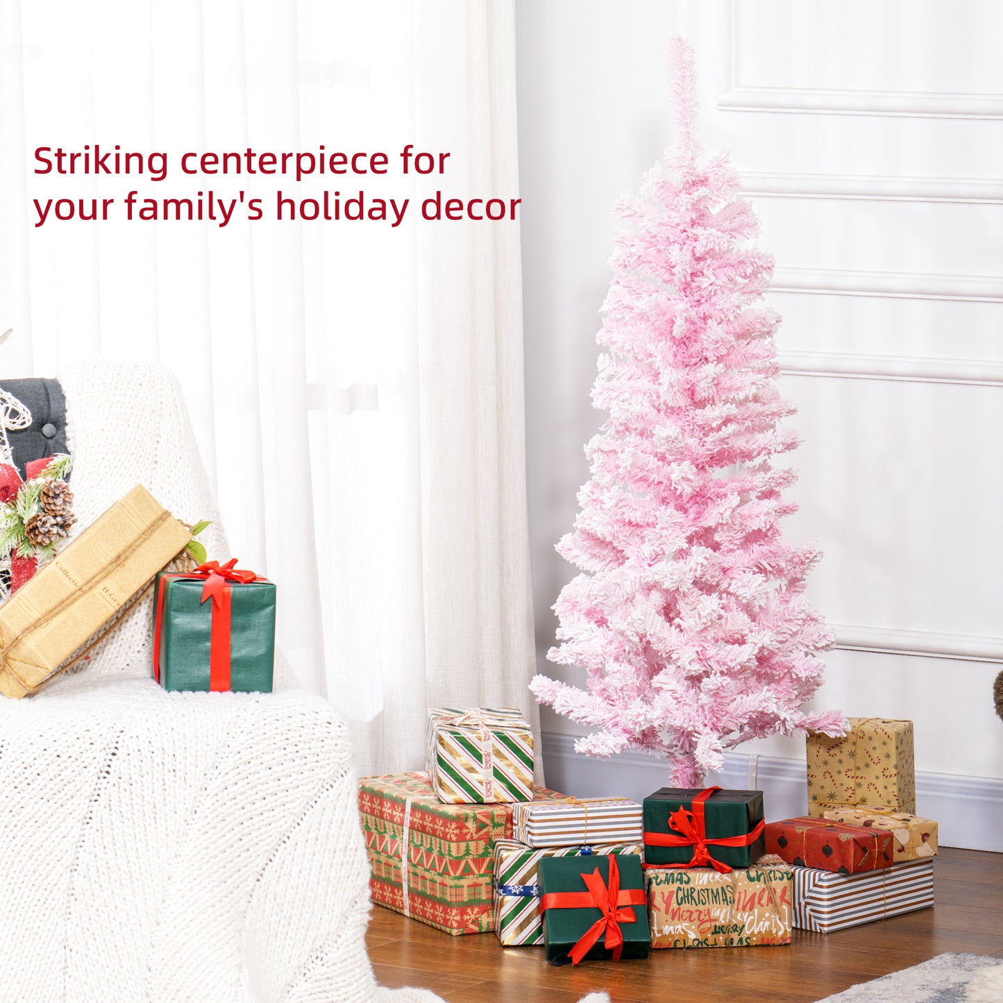 HOMCOM 7.5 FT Snow Flocked Artificial Christmas Tree, Pencil Xmas Tree with Realistic Branches, Auto Open and Steel Base, Pink