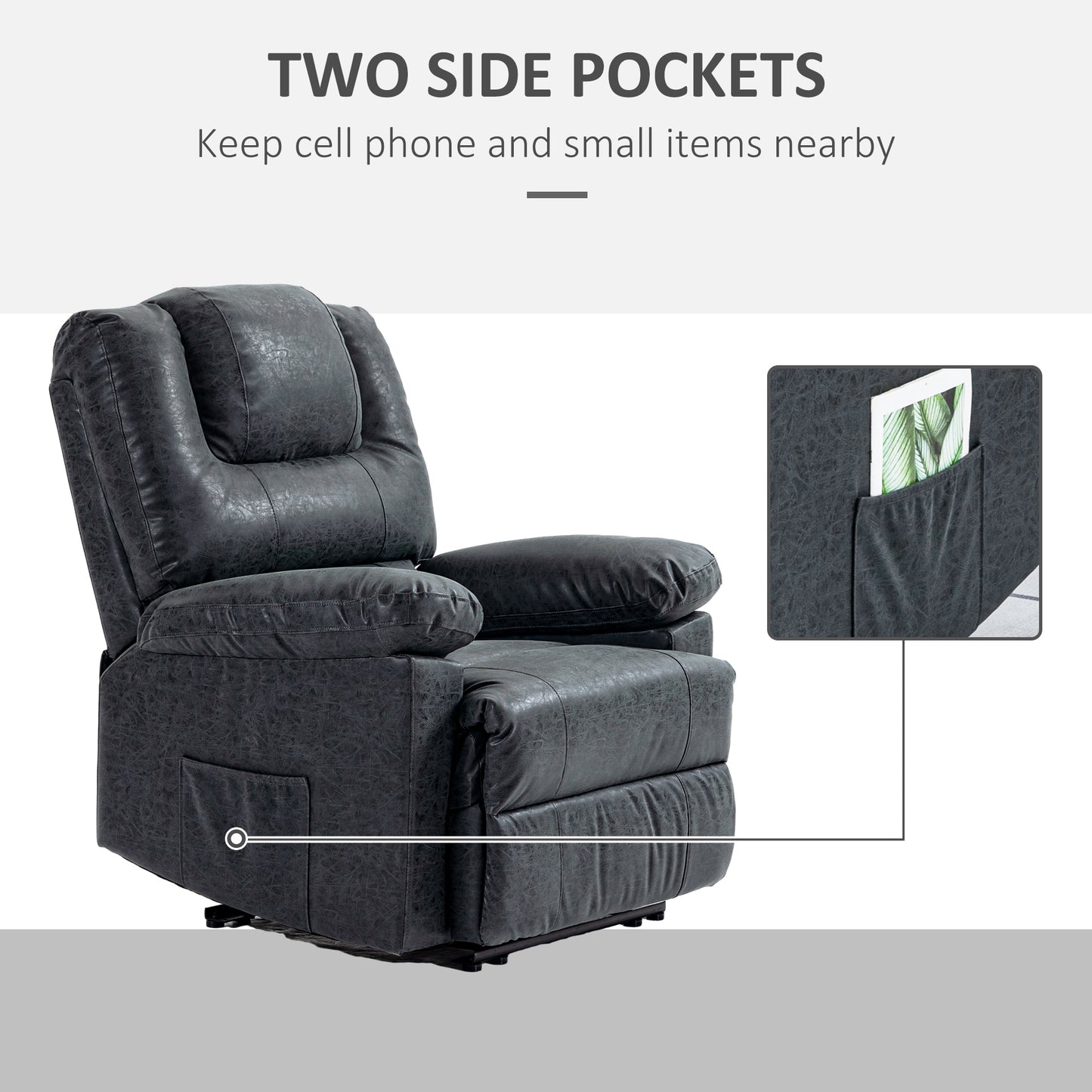 HOMCOM PU Leather Reclining Chair, Manual Recliner Chair for Living Room with Footrest, 2 Side Pockets, Steel Frame, Black