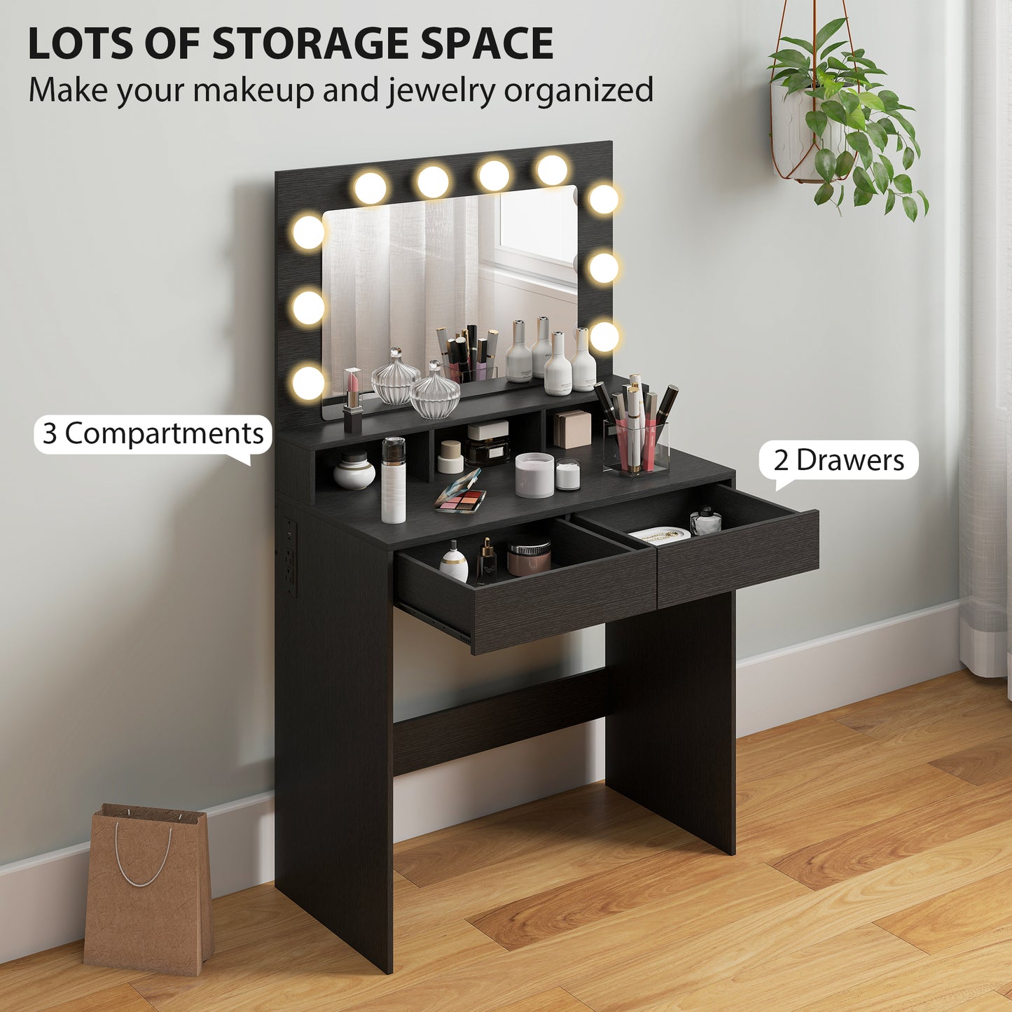 HOMCOM Vanity Table, Makeup Dressing Table with LED Lighting Mirror, Drawers, for Bedroom, Black