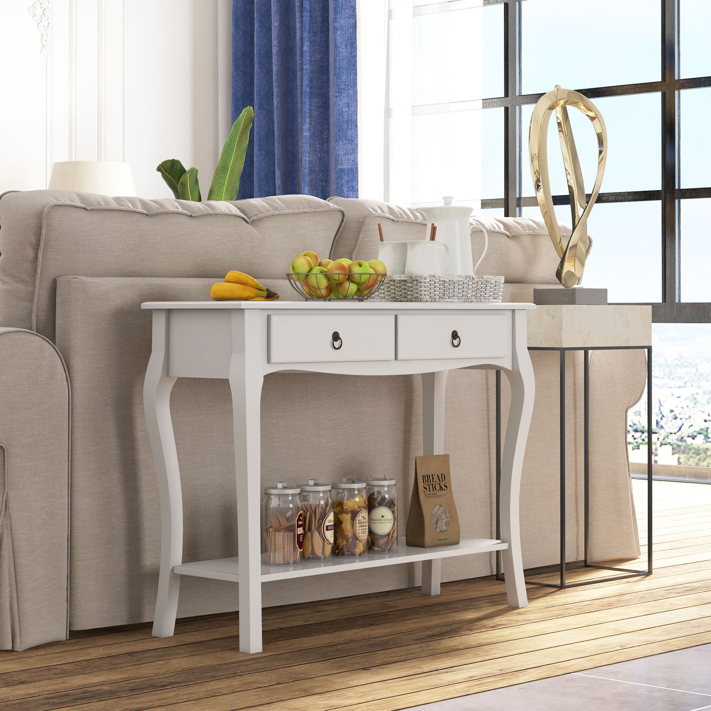 HOMCOM Console Table, Modern Entryway Table with 2 Drawers and Bottom Shelf, Sofa Table for Living Room, Hallway, Ivory White
