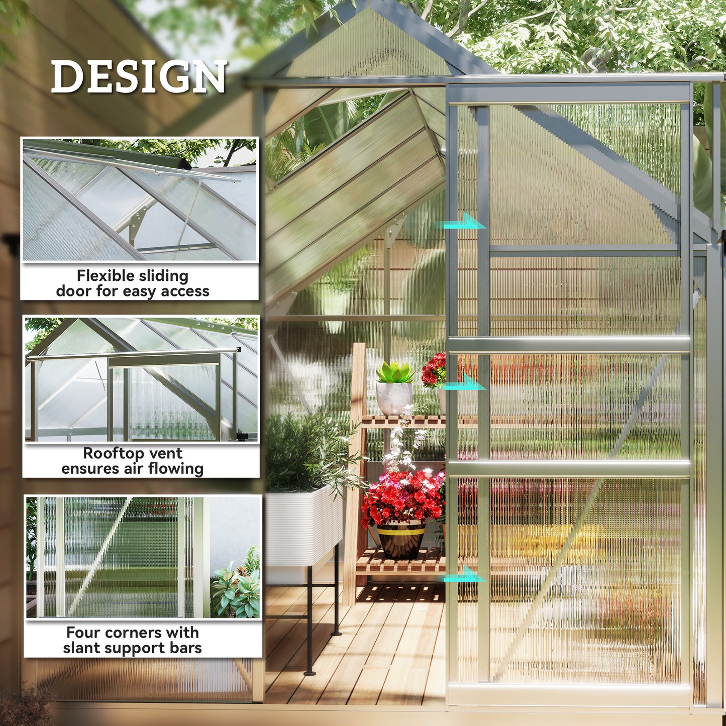 Outsunny 6' x 10' x 6.6' Polycarbonate Greenhouse, Walk-In Green House Kit Garden, Plants Grow, Galvanized Sheet Aluminum Frame with Rain Gutter, Vents and Sliding Door, Green