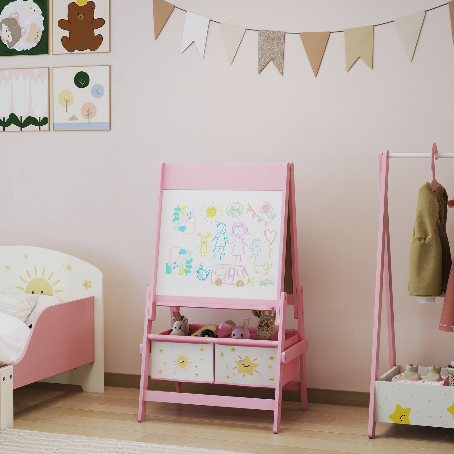 Qaba Art Easel for Kids, Double-Sided Whiteboard & Chalkboard with Paper Roll, 2 Storage Boxes, Gift for Boys, Girls, Pink