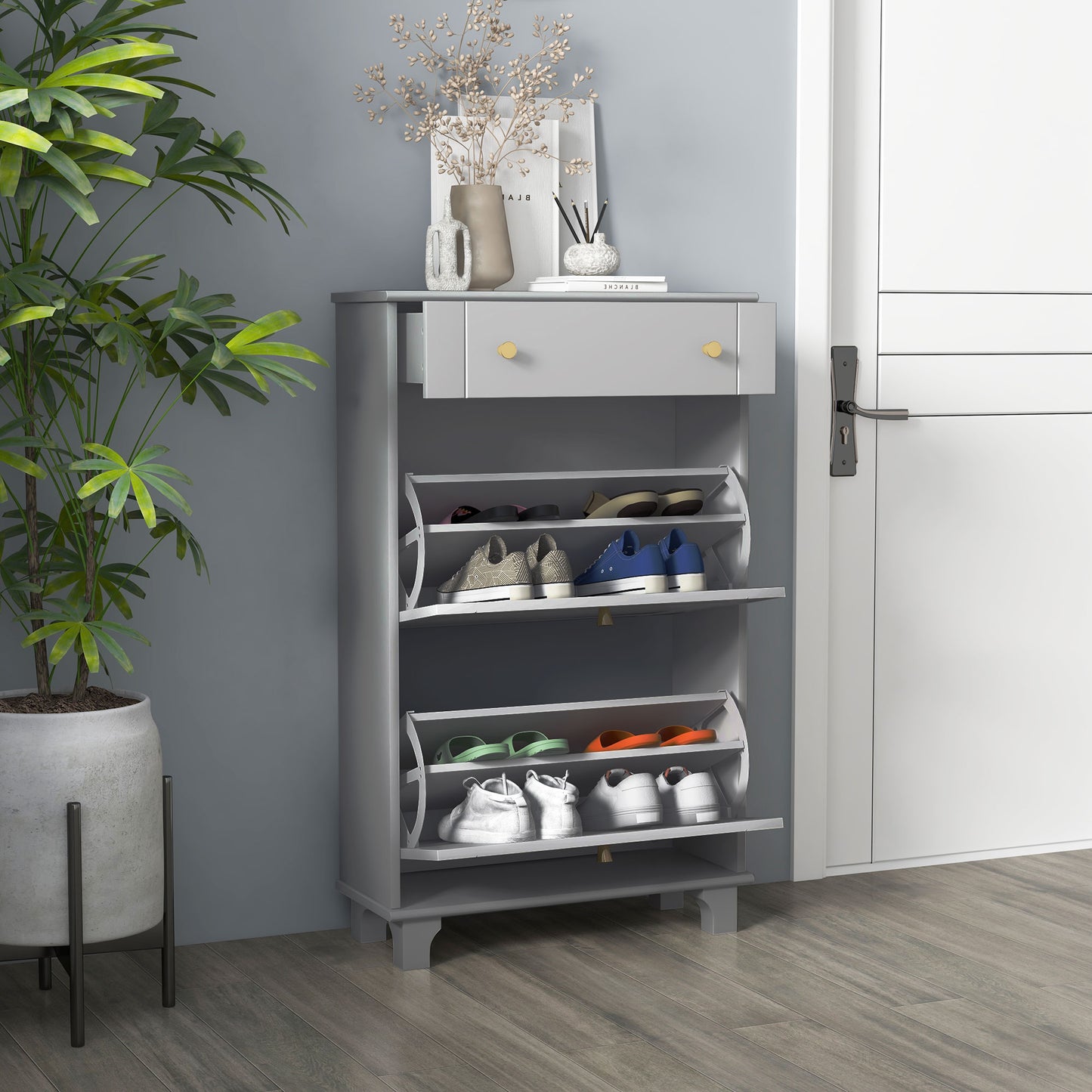HOMCOM Slim Shoe Storage with 2 Flip Drawers and Adjustable Shelves Shoe Cabinet Organizer for 8 Pair, White
