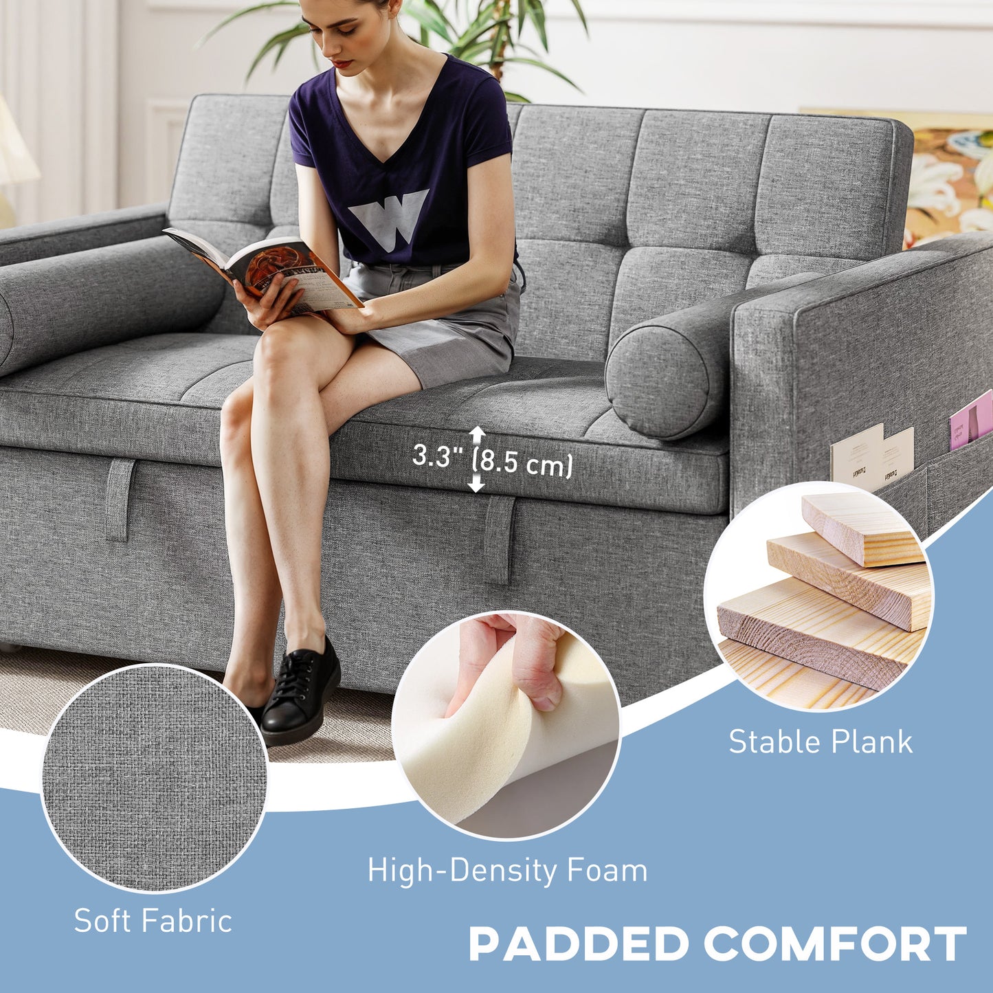 HOMCOM Pull Out Sofa Bed, Sleeper Sofa Couch with USB‑A+C, Small Linen Loveseat Futon Couch for Living Room, Grey