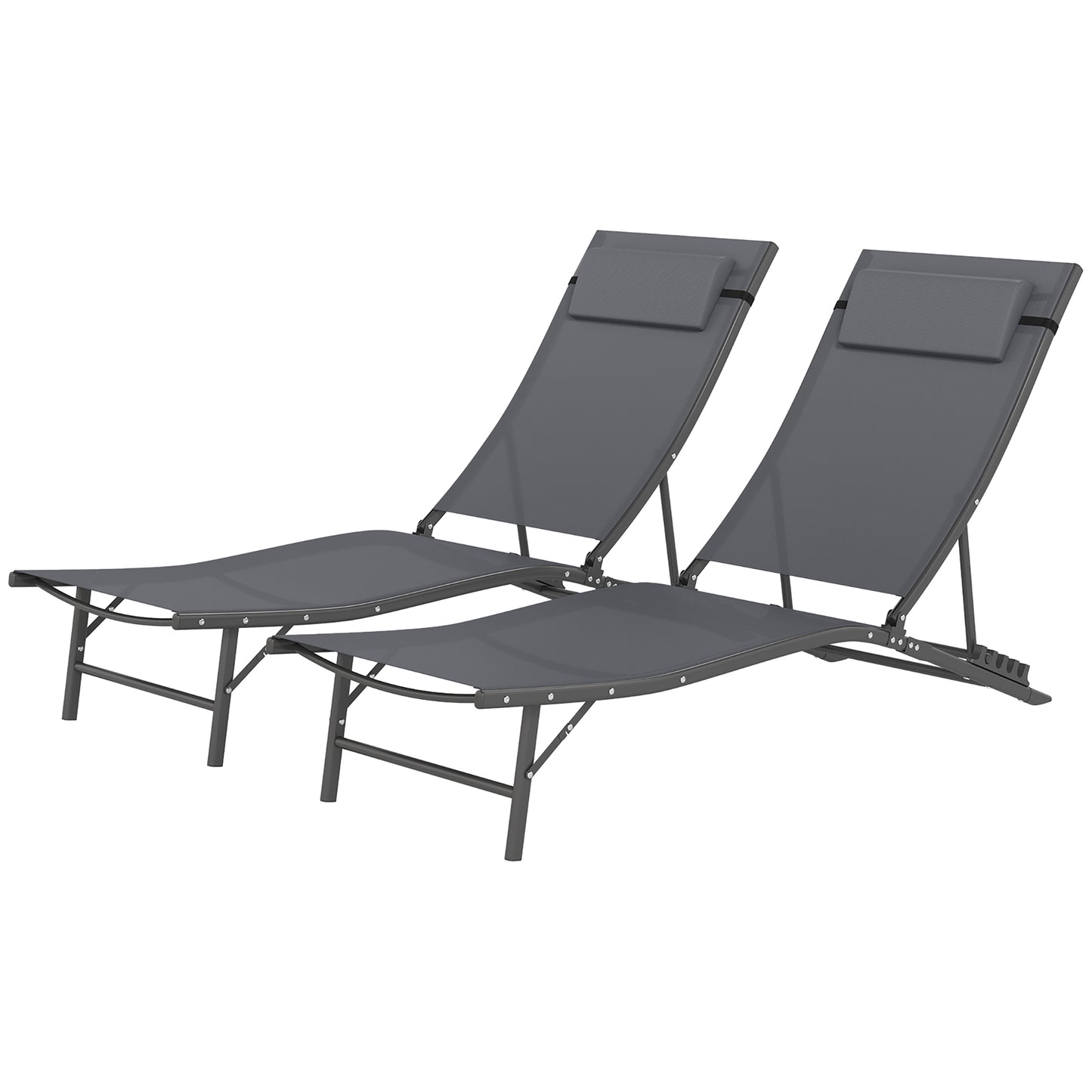 Outsunny Folding Chaise Lounge Chair Set of 2, Reclining Outdoor Lounge Chair Set with Quick Drying Pad Headrest Side Pocket, Tanning Chair Set for Beach Garden Pool, Light Grey