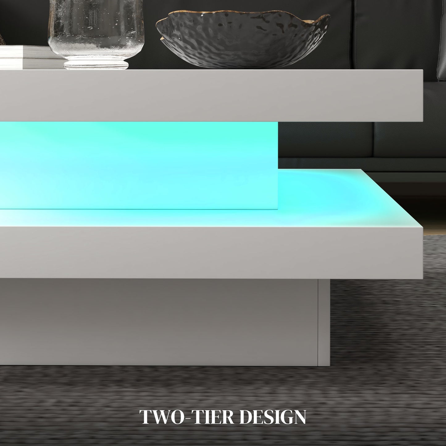 HOMCOM Square Coffee Table with 7 LED Lights and Remote, 2-Tier Modern Center Table for Living Room, White