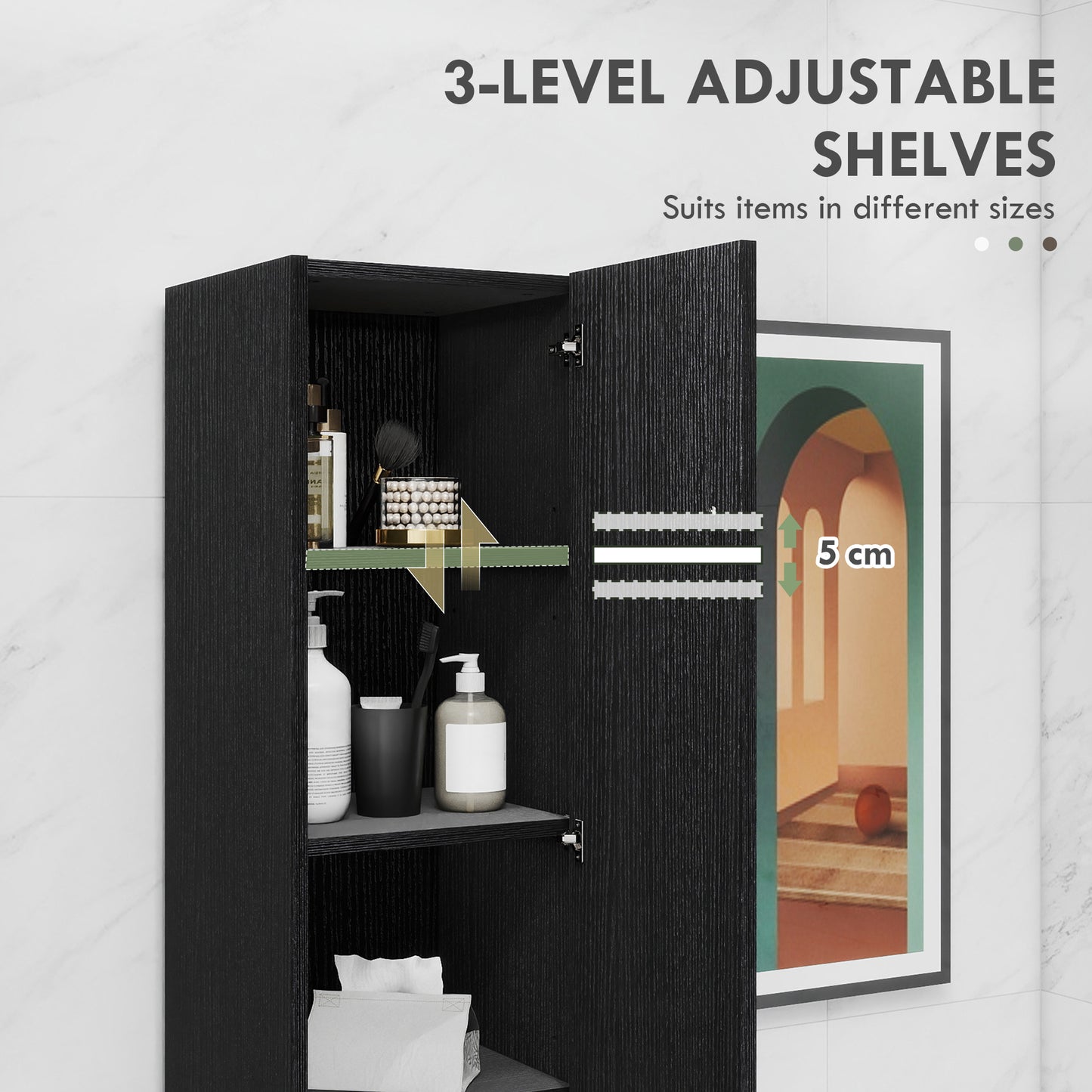 HOMCOM Freestanding Tall Bathroom Storage Cabinet with Adjustable Shelves, Bathroom Organizer, Black Wood Grain
