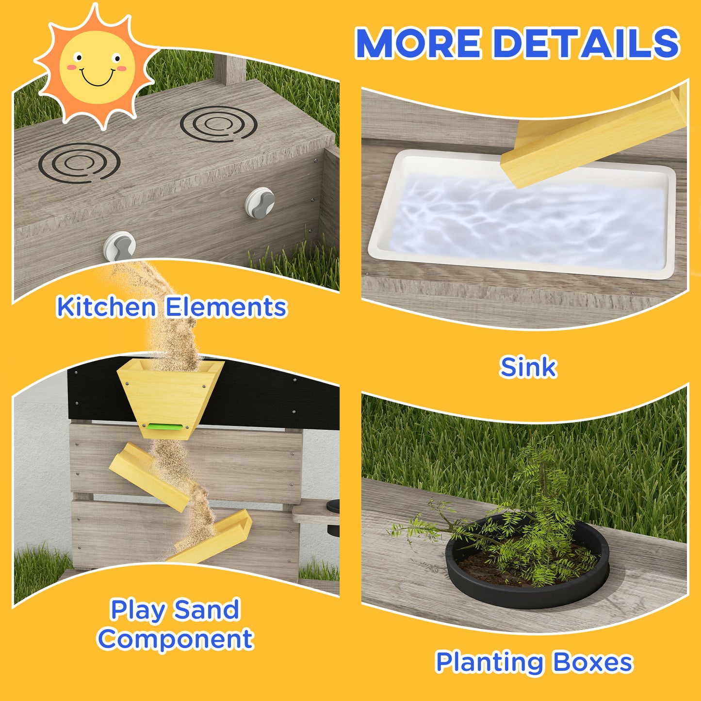 Outsunny Wooden Kids Sandbox with Liner, Kitchen Design for Garden, Backyard