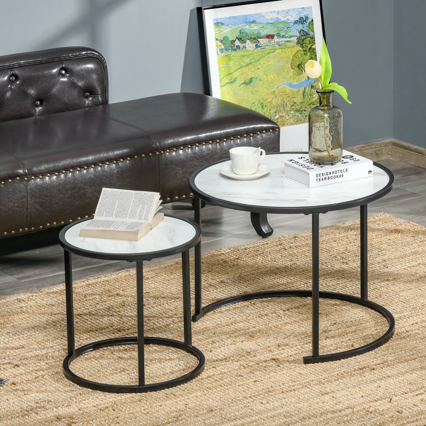 HOMCOM Round Nesting Coffee Table Set of 2, Stacking Modern Accent Tables with Faux Marble Tabletop and Metal Frame for Living Room, Black