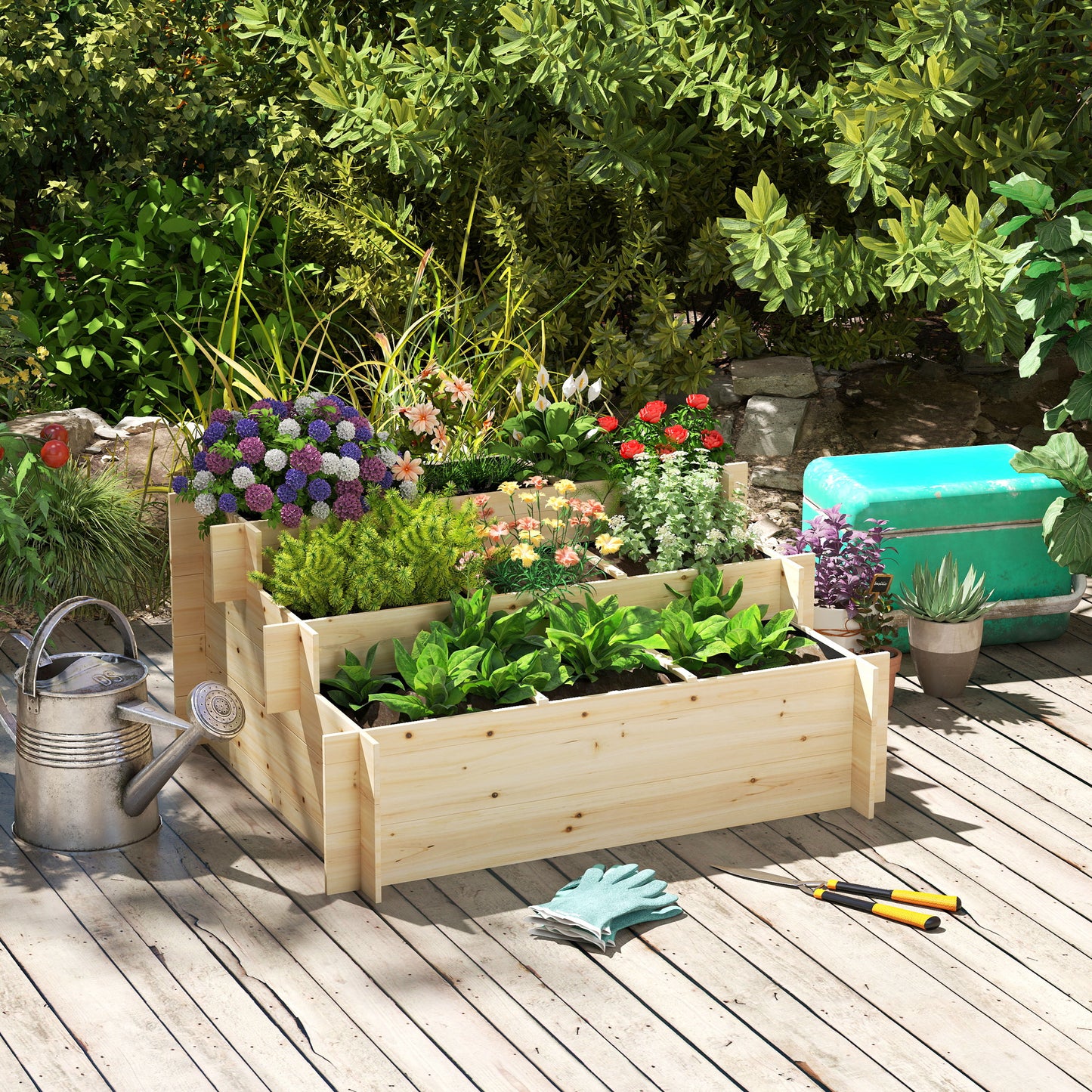 Outsunny 3 Tier Raised Garden Bed with 9 Grow Grids and Bed Liner for Garden, Outdoor to Vegetables, Flowers, Natural