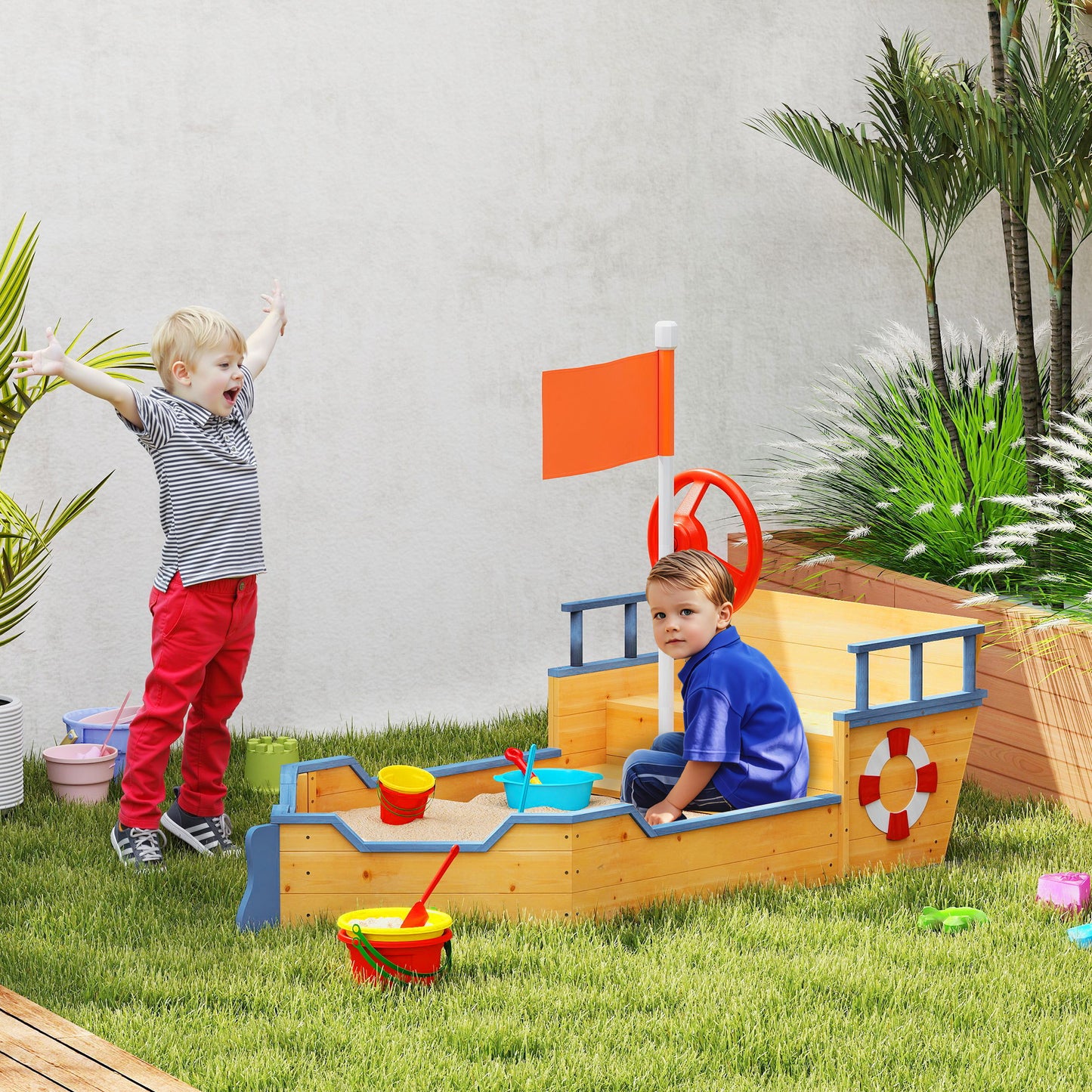 Outsunny Kids Wooden Sandbox Pirate Ship Sandboat Outdoor Backyard Playset Children Sandpit w/ Bench Seat Storage Space & Flag for 3-6 Years Old