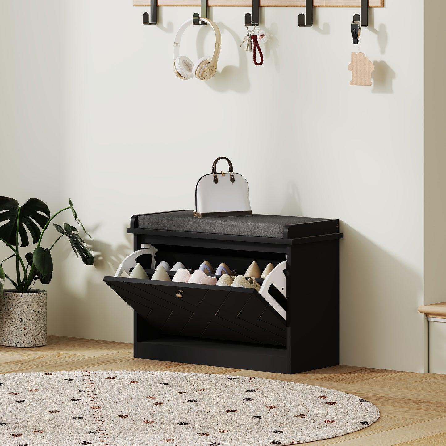 HOMCOM Shoe Storage with Seat, Upholstered Hallway Bench, Shoe Bench with Flip Drawer, Adjustable Shelf for 8 Pairs of Shoes