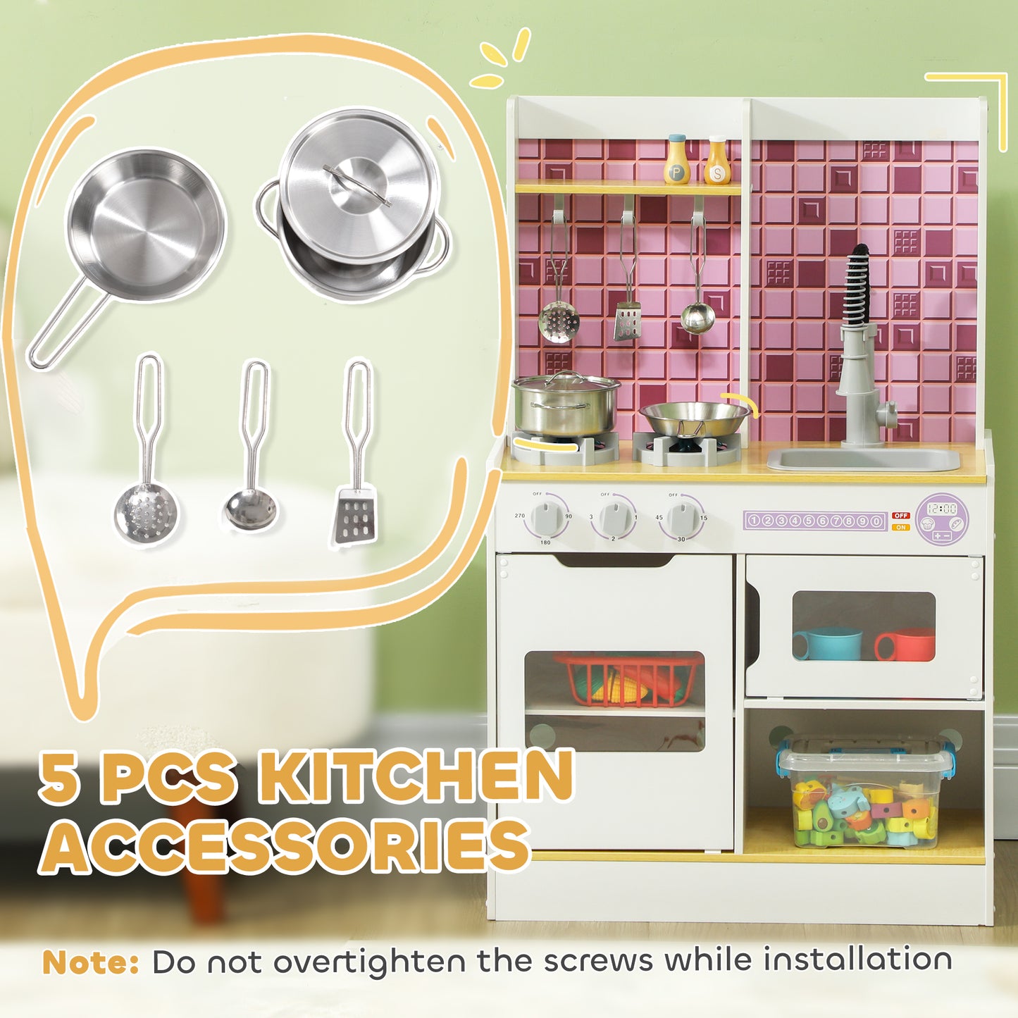 Qaba Play Kitchen Set for Kids, Kids Kitchen Playset with Realistic Lights & Sounds, Sink, Oven, Stove, White