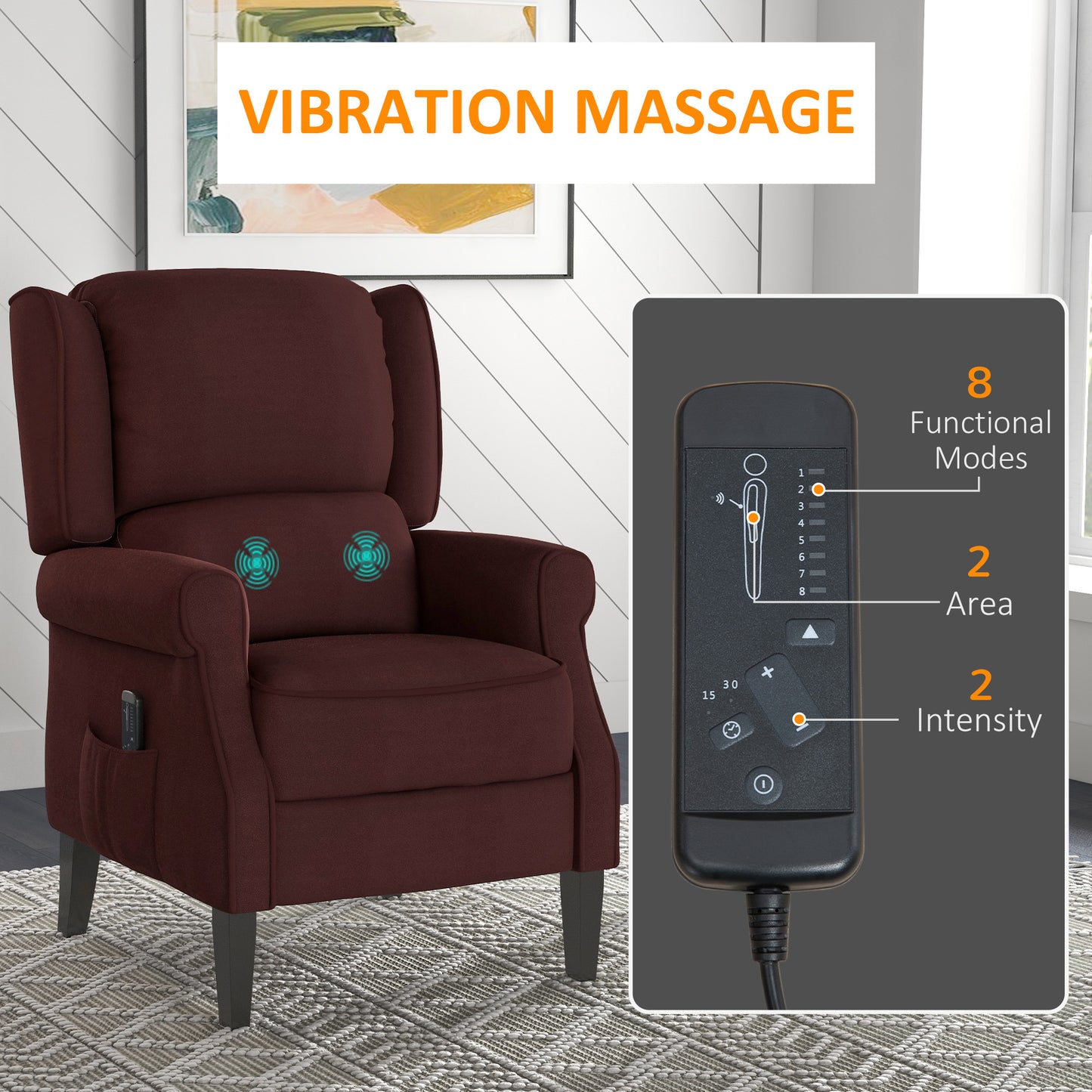 HOMCOM Massage Recliner Chair for Living Room, Push Back Recliner Sofa, Suede Wingback Reclining Chair with Extendable Footrest, Wood Legs, Remote Control, Side Pockets, Black