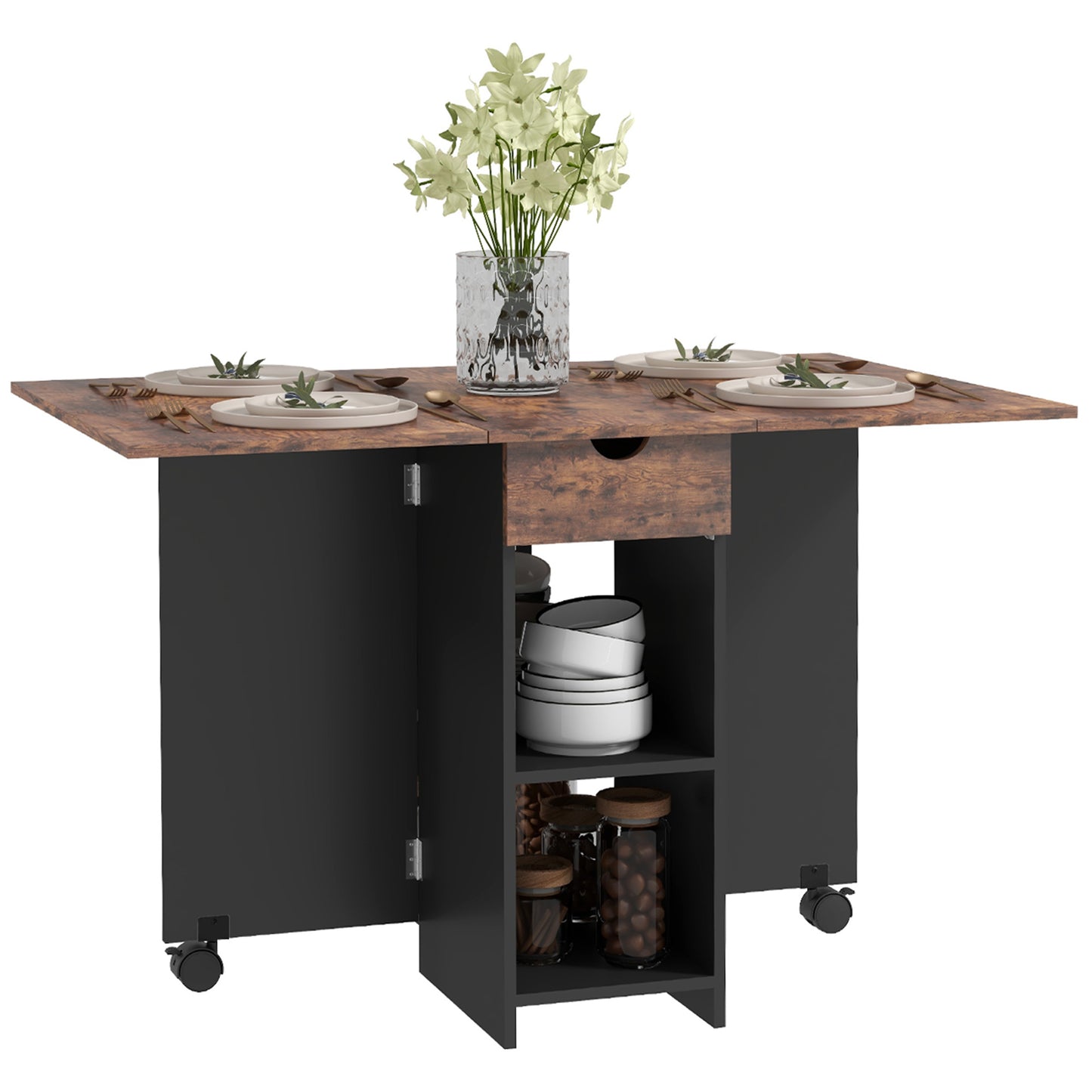 HOMCOM Folding Dining Table, Space Saving Drop Leaf Table with Drawer and Storage Shelves for Kitchen, Dining Room, Oak
