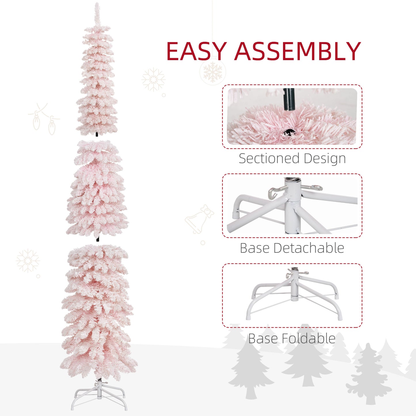 HOMCOM 5ft Snow-Flocked Artificial Christmas Tree, Slim Pencil Xmas Tree with 301 Realistic Branches, Metal Base, Pink