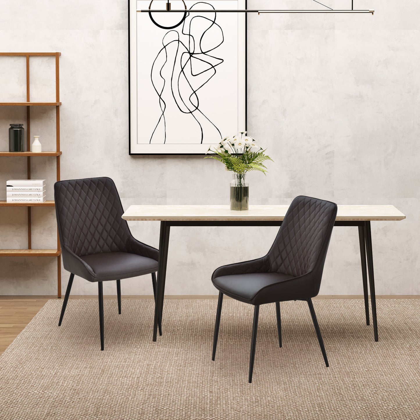 HOMCOM Upholstered Kitchen Chairs, Modern Dining Chairs Set of 2 with Diamond Tufting and Steel Legs for Dining Room, Black