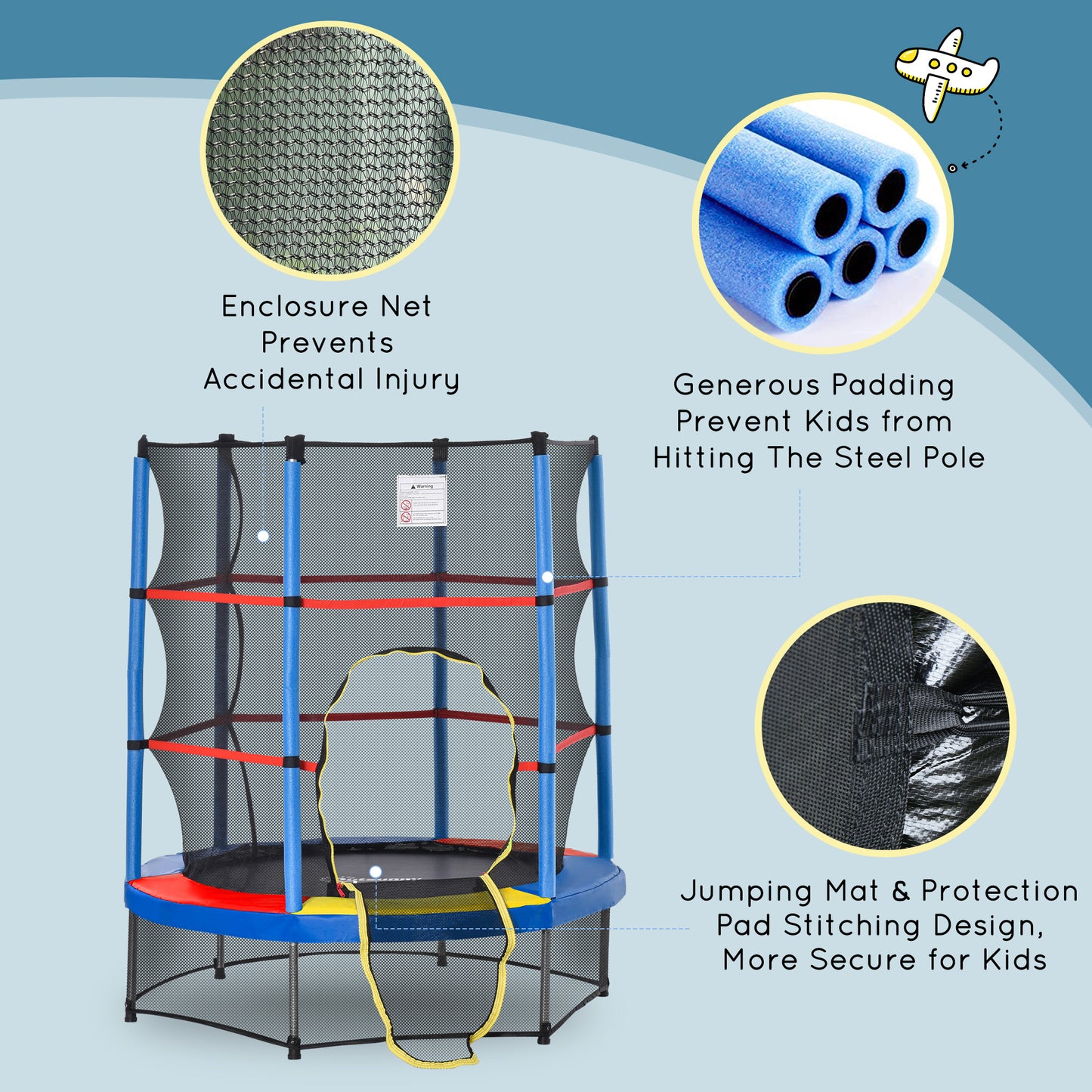 Outsunny 55" Kids Trampoline with Enclosure Net for Indoor/Outdoor, Trampoline for Boys and Girls Age 3-6 Years, Blue