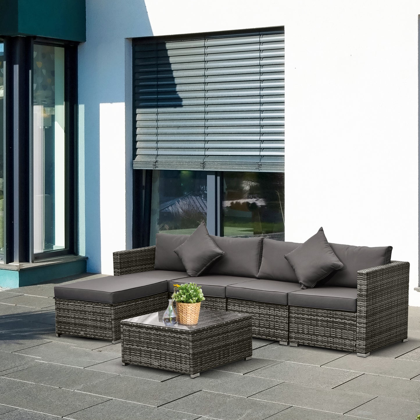 Outsunny 6 Pieces Outdoor PE Rattan Wicker Patio Furniture Sofa Set with Thick Cushions, Deluxe Garden Sectional Couch with Glass Top Table, Dark Coffee and Cream White