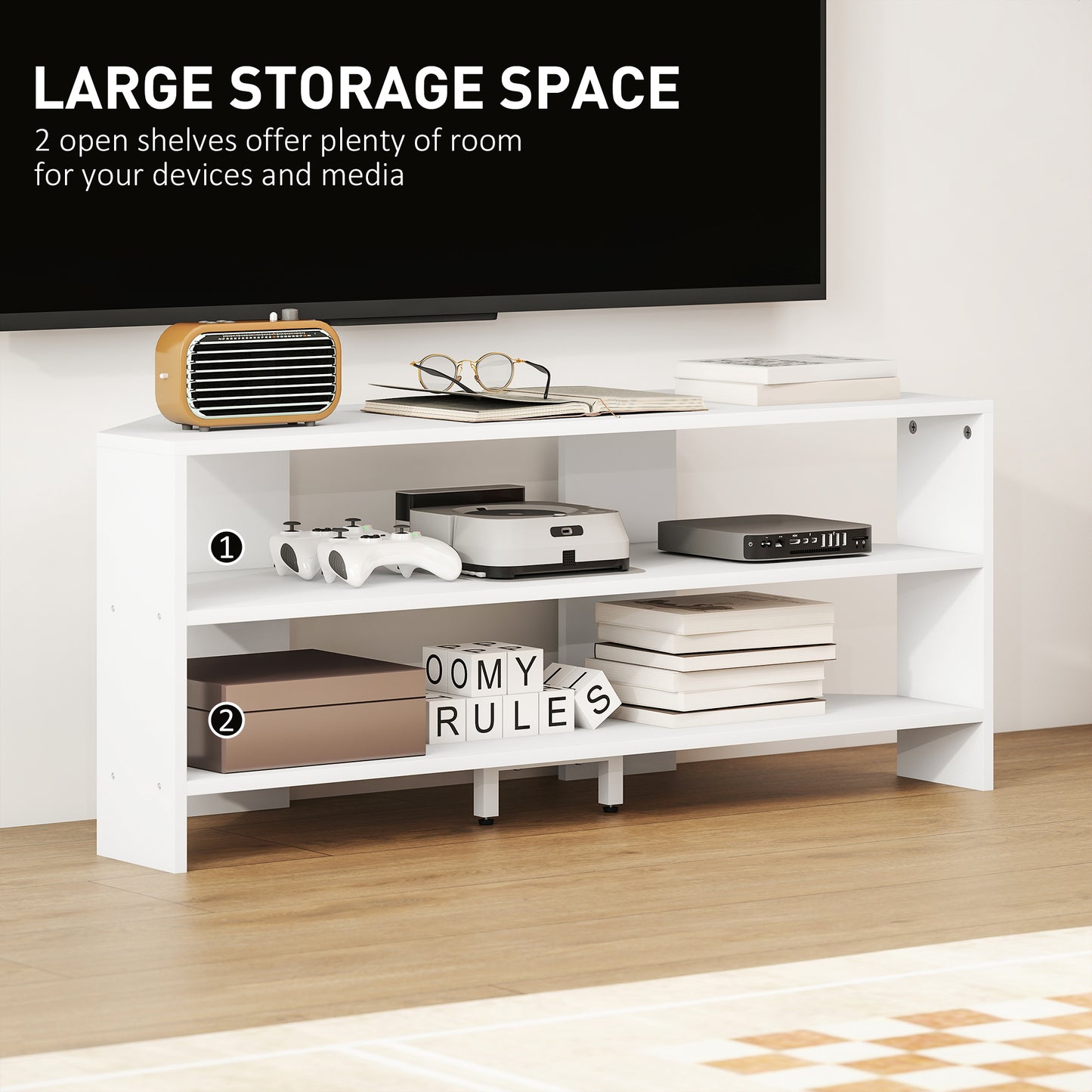 HOMCOM Corner TV Stand, Modern TV Table with 2 Open Shelves for 47 Inch TV, Entertainment Center for Living Room, White