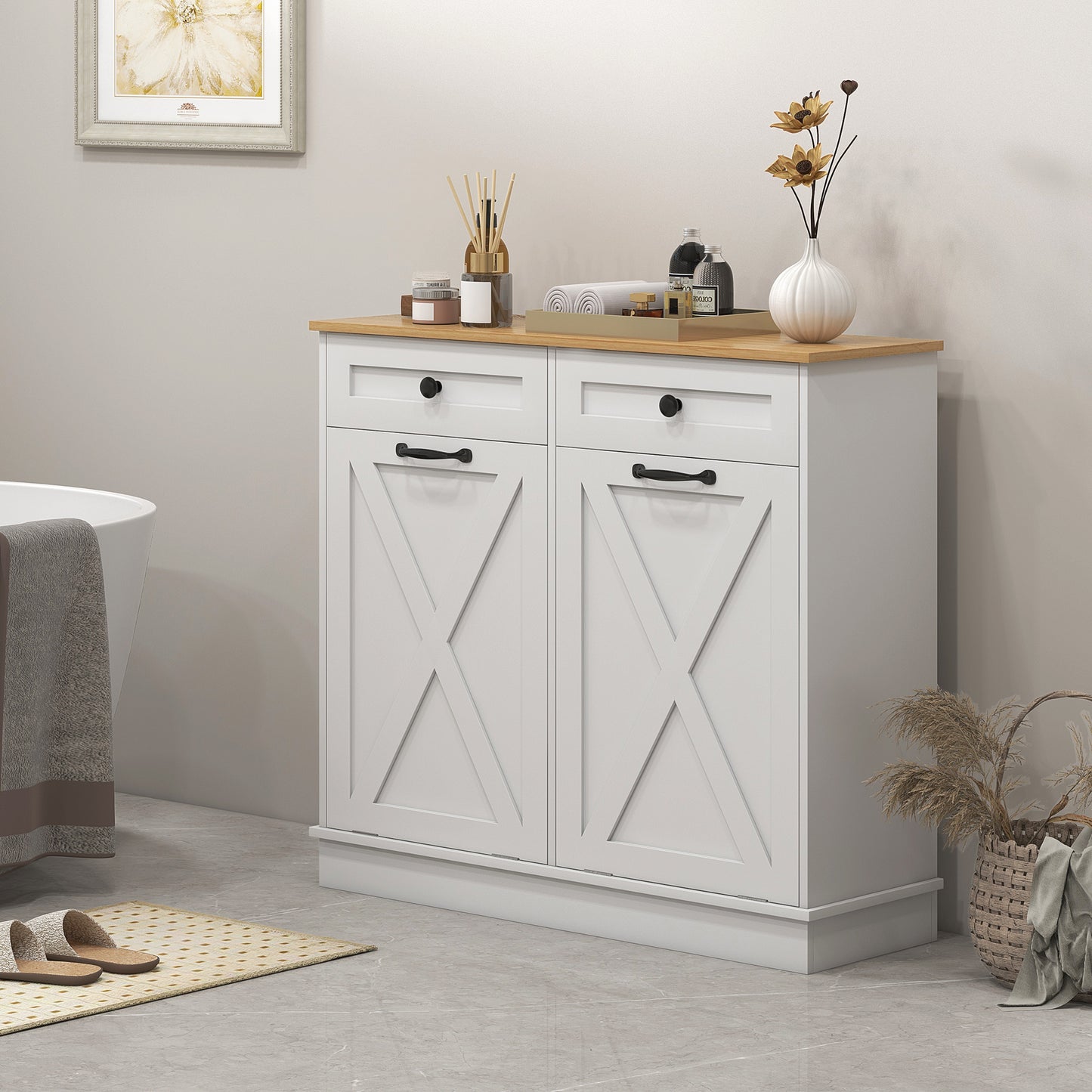 HOMCOM Tilt Out Laundry Cabinet, Bathroom Storage Cabinet with 2 Removable Baskets and 2 Drawers, White