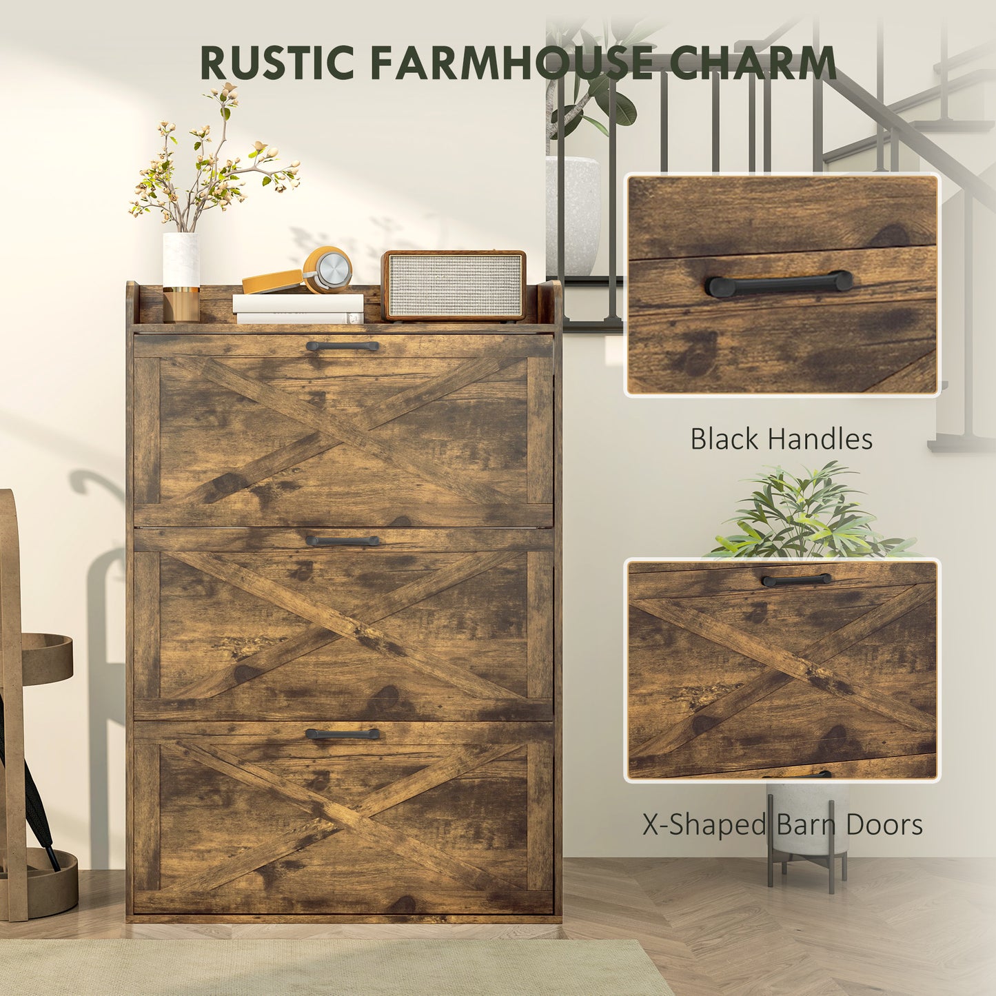 HOMCOM Narrow Shoe Storage Cabinet Farmhouse Shoe Cabinet with 3 Flip Drawers Adjustable Shelves for Entryway Rustic Brown