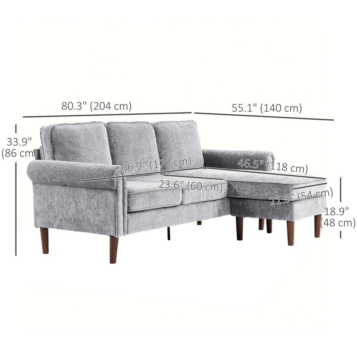 HOMCOM L Shape Sofa, Modern Sectional Couch with Changeable Chaise Lounge, Wooden Legs, Corner Sofa for Living Room, Dark Blue