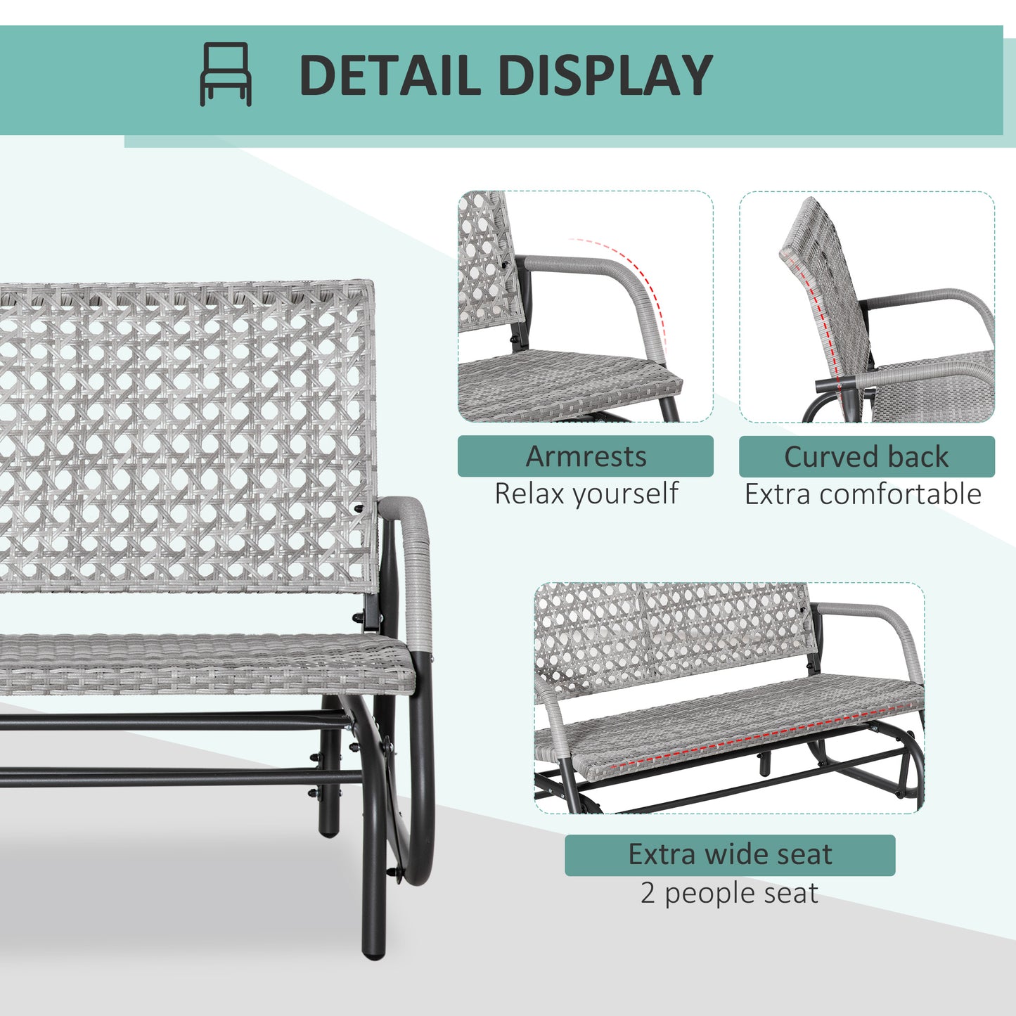 Outsunny 2 Seater Wicker Outdoor Glider Bench, Patio Swing Garden Bench, Garden Loveseat Rocking Chair, w/ Extra Wide Seat, Curved Backrest for Backyard, Poolside, Lawn, Mixed Grey