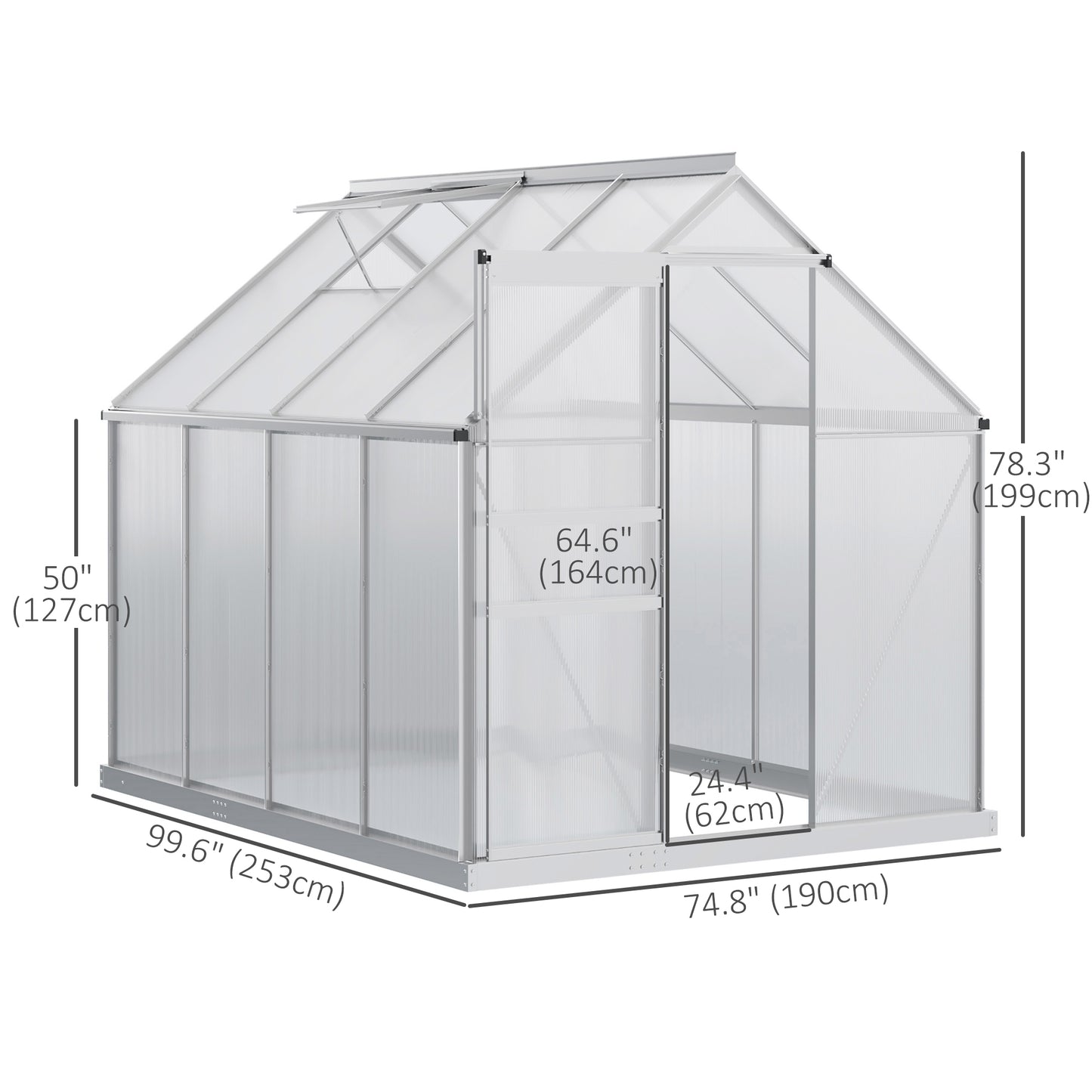Outsunny 6' x 12' x 6.5' Walk-in Greenhouse, Polycarbonate Greenhouse with Adjustable Roof Vent, Base, Sliding Door, Clear