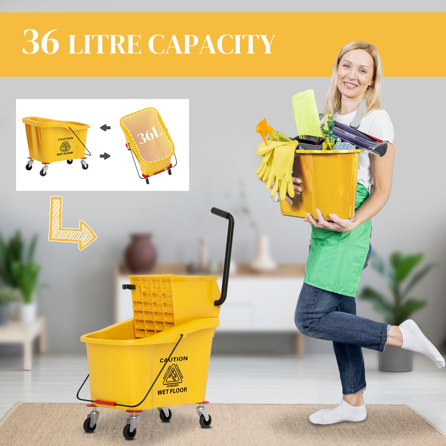 HOMCOM Mop Bucket with Wringer on Wheels for Floor Cleaning, 38 Quart Down Press Wringer with Handle, Yellow