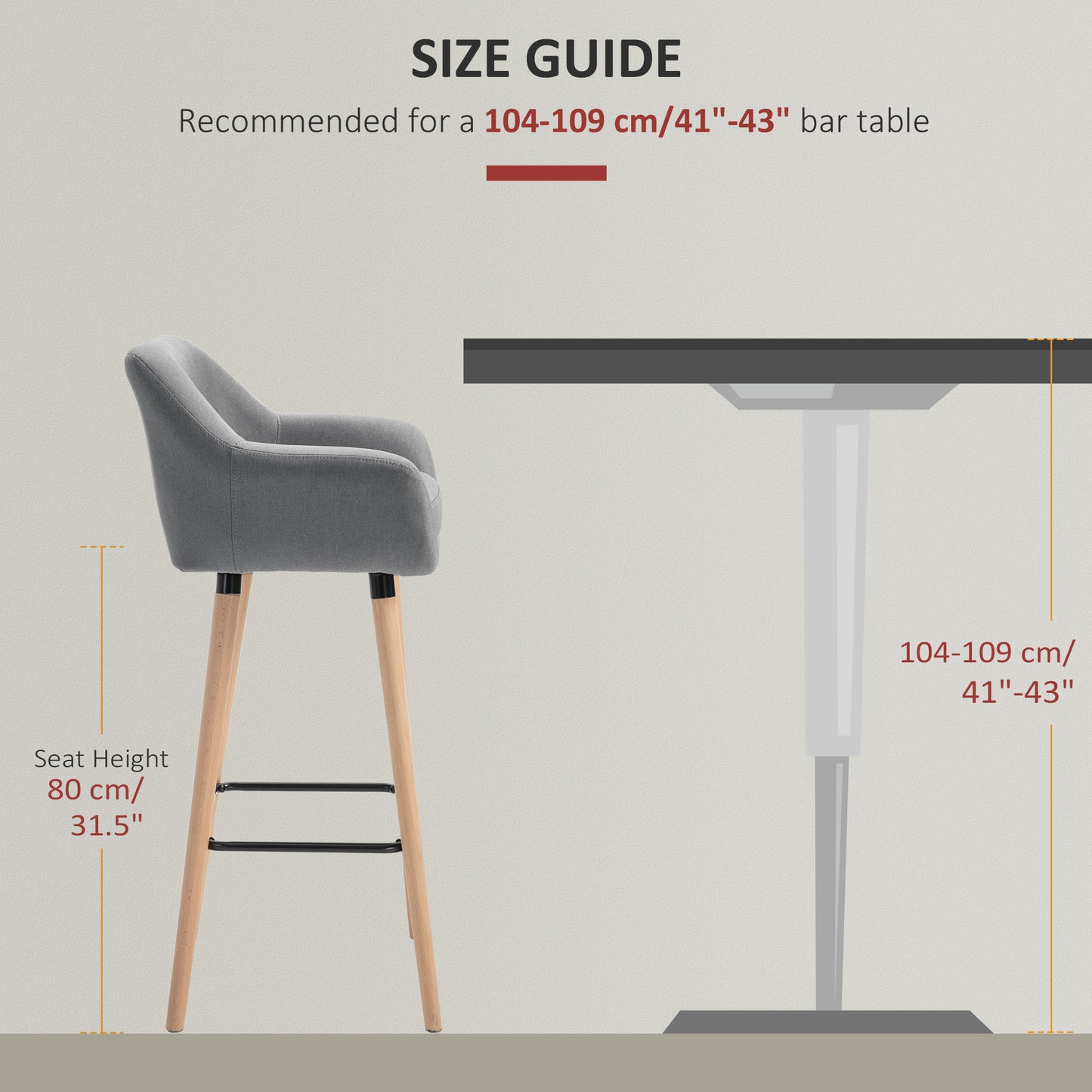 HOMCOM Modern Upholstered Fabric Seat Bar Stools Chairs Set of 2 with Metal Frame, Solid Wood Legs Living Room Dining Room Furniture Grey