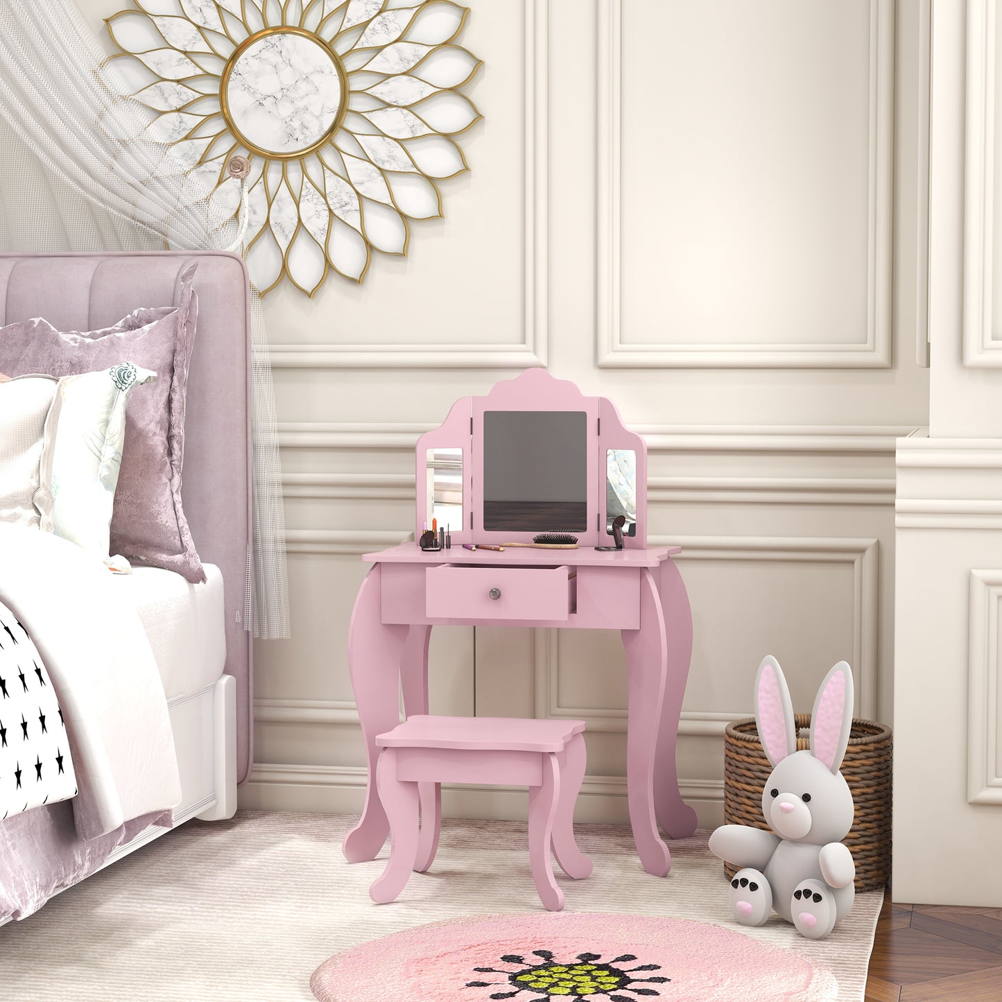 Qaba Kids Vanity Table and Stool, Makeup Vanity Girls Dressing Table Set with Tri-folding Mirrors Drawer Star and Heart Pattern, White