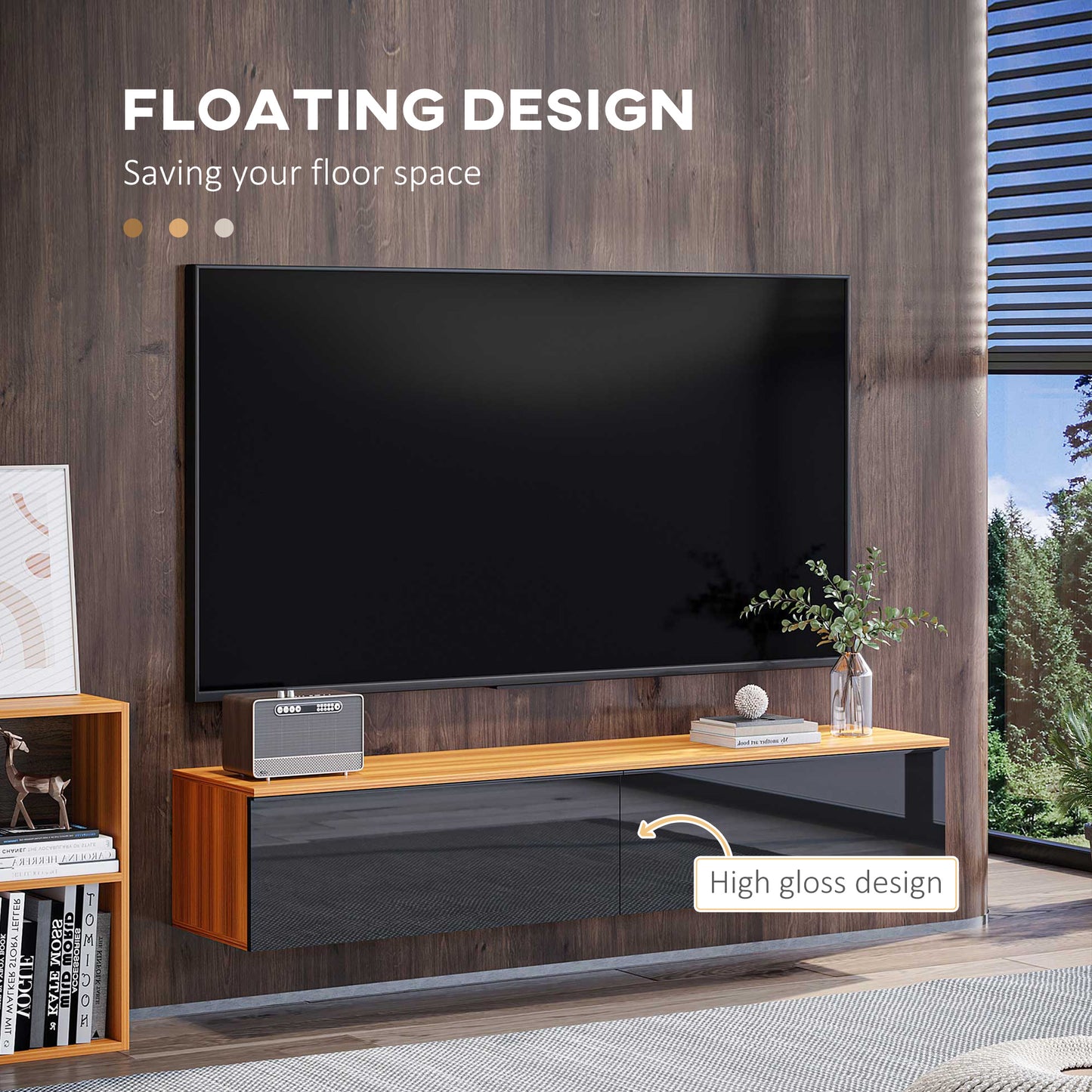HOMCOM Wall Mounted TV Stand, Floating TV Cabinet for up to 70" TVs with Storage, High Gloss Effect, Brown and Black