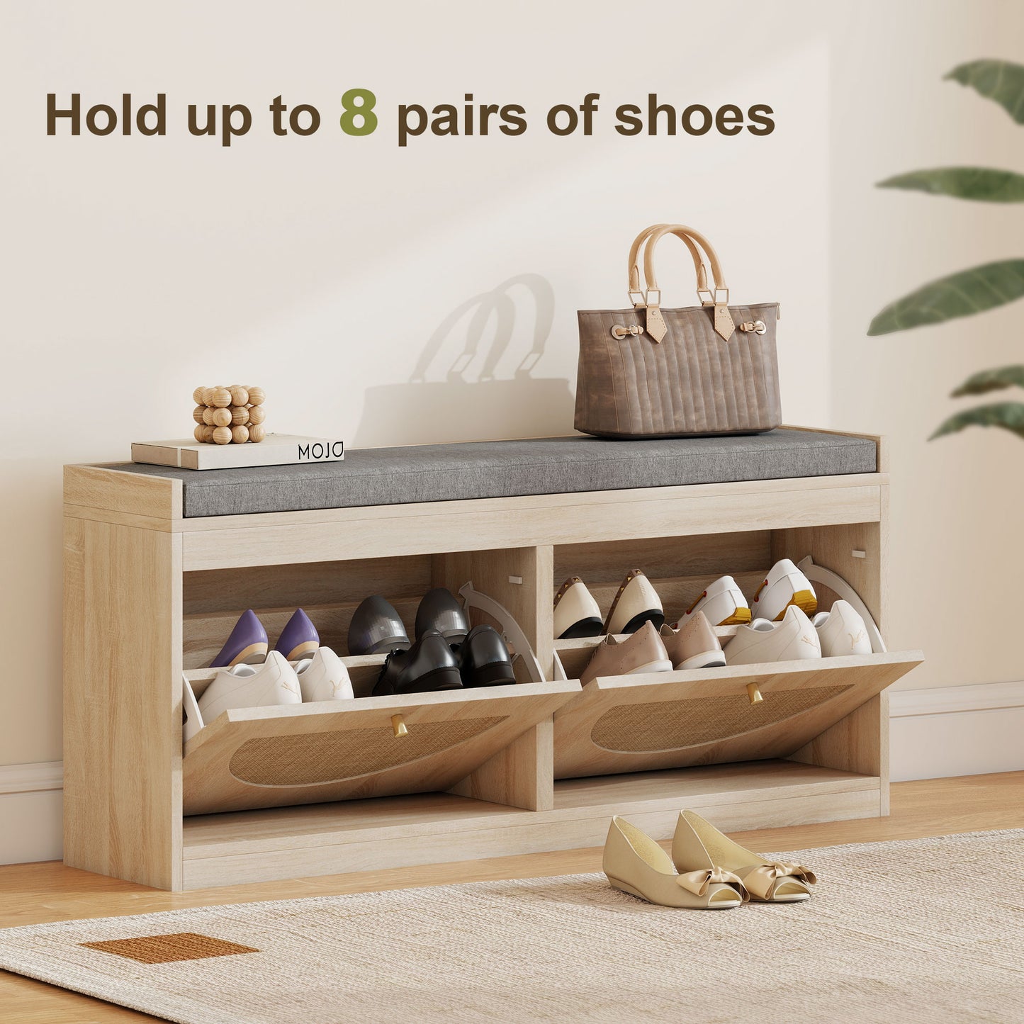 HOMCOM Shoe Bench with Flip Doors, Seat Cushion, Adjustable Shelves for 8 Pairs, Boho Entryway Bench for Bedroom, Natural Wood