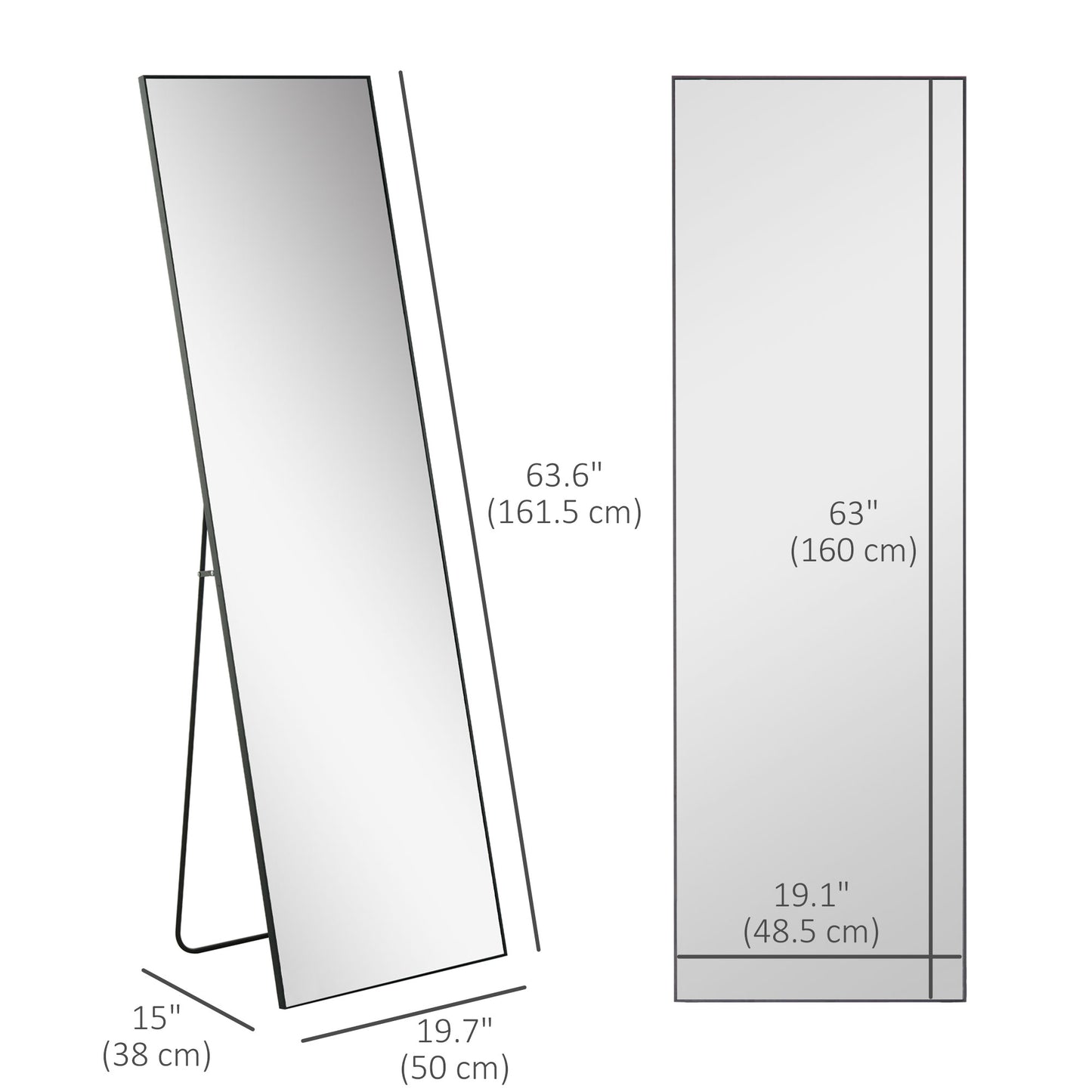 HOMCOM 64"x20" Full Length Mirror, Floor Standing, Wall-Mounted or Leaning Against Wall Tall Mirror w/Support Frame, Rectangular Full Body Mirror for Bedroom, Living Room, Black
