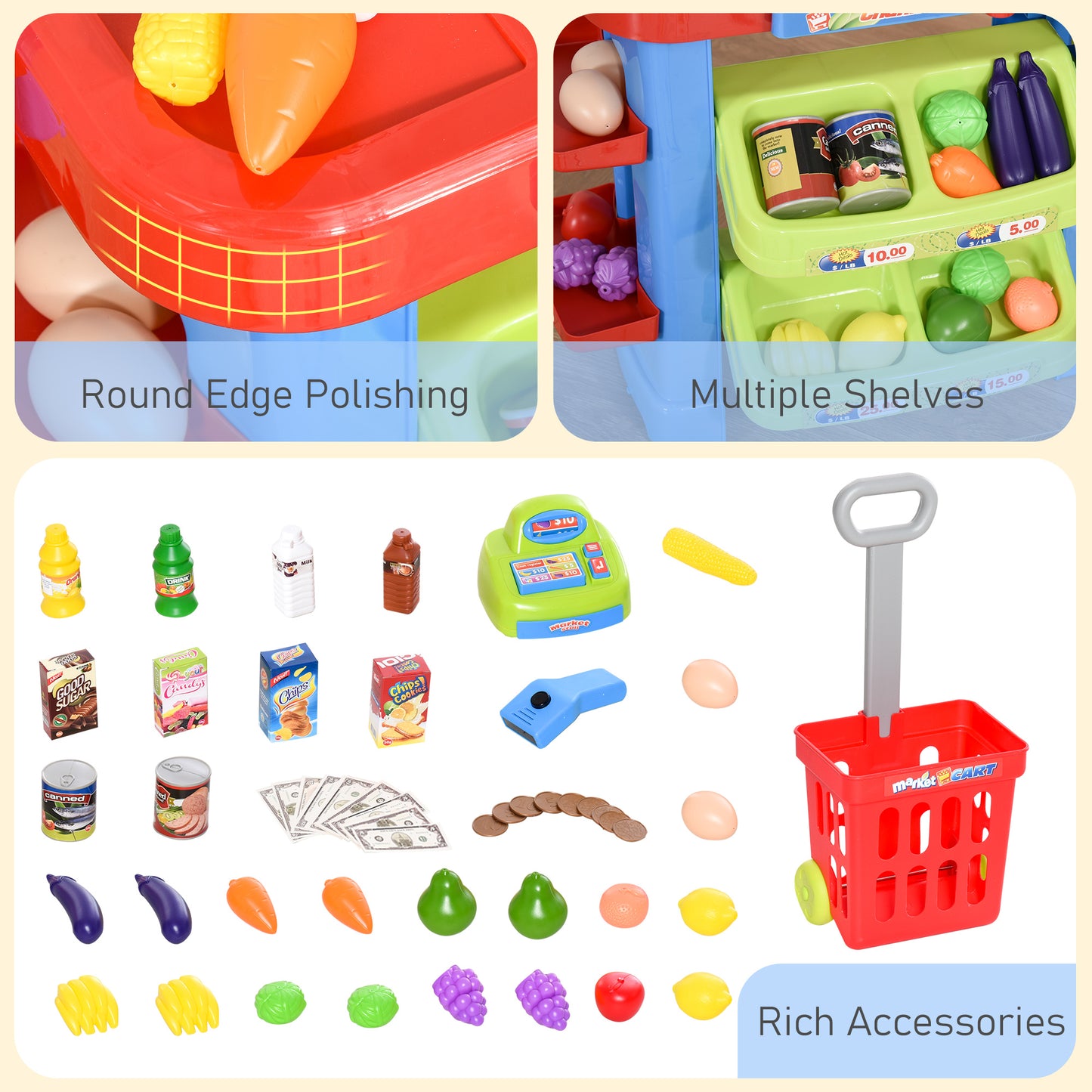Qaba Kid Supermarket Fun Playset Grocery Store Pretend Play Toy with Shopping Cart Working Scanners Cash Register Accessories Light & Sound Gift for Boys and Girls Age 3-6 Years
