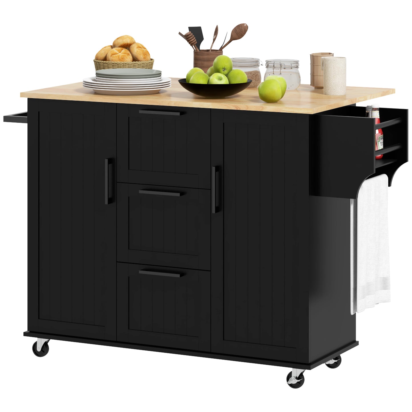 HOMCOM Rolling Kitchen Cart on Wheels with Drop Leaf, Kitchen Island with 3 Drawers, Solid Wood Top and Towel Rack, White