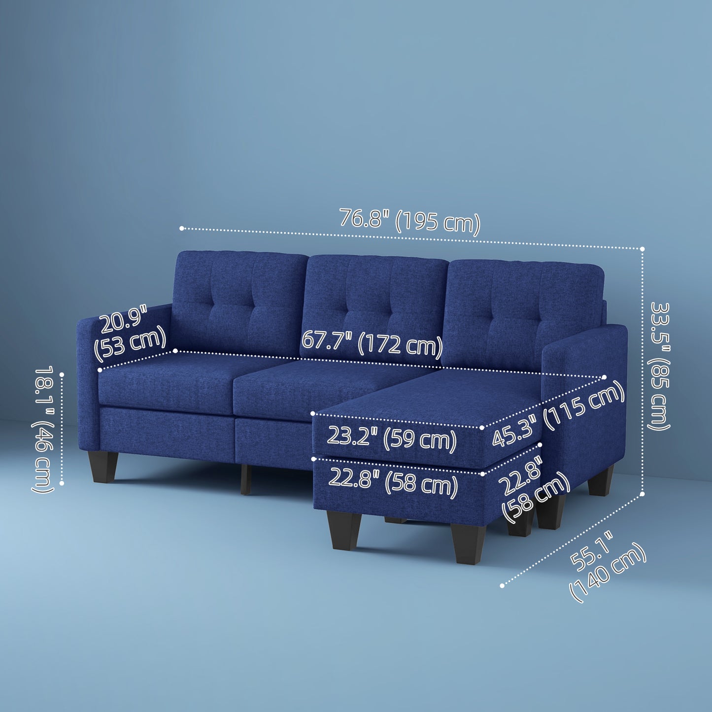 HOMCOM L-shaped Sofa, 3 Seater Couch with Ottoman, Corner Sofa with Thick Padded Cushion and Wood Legs, Dark Grey