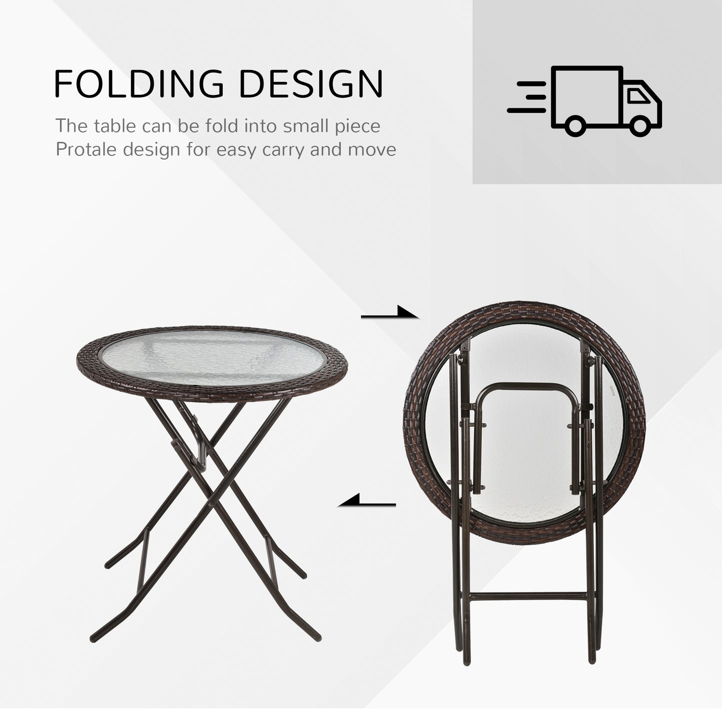 Outsunny 26.8" Dia. (68 Dia. cm) Folding Round Tempered Glass Metal Table with Brown Rattan Edging, Brown