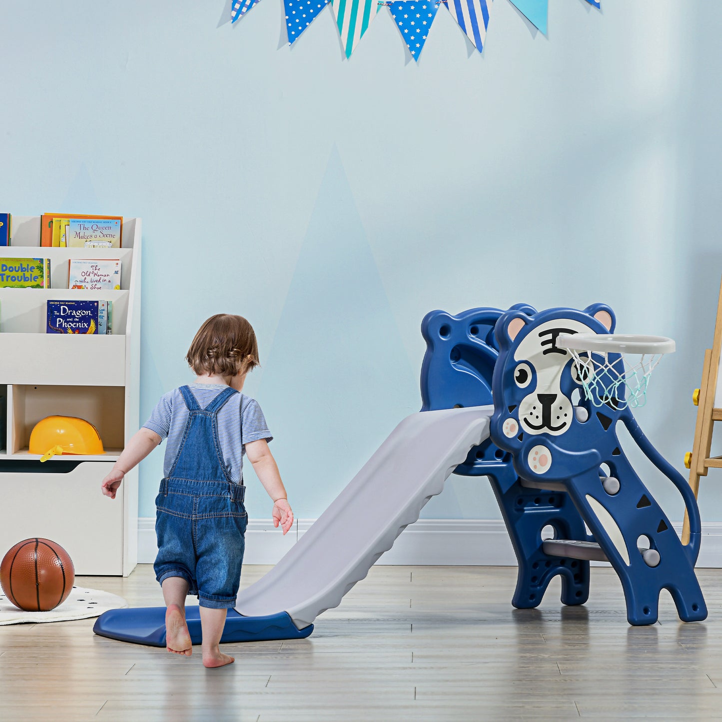 Qaba 3 in 1 Slide for Toddlers, Kids Slide Playset with Basketball Hoop, Climber, for 18-36 Months, Blue